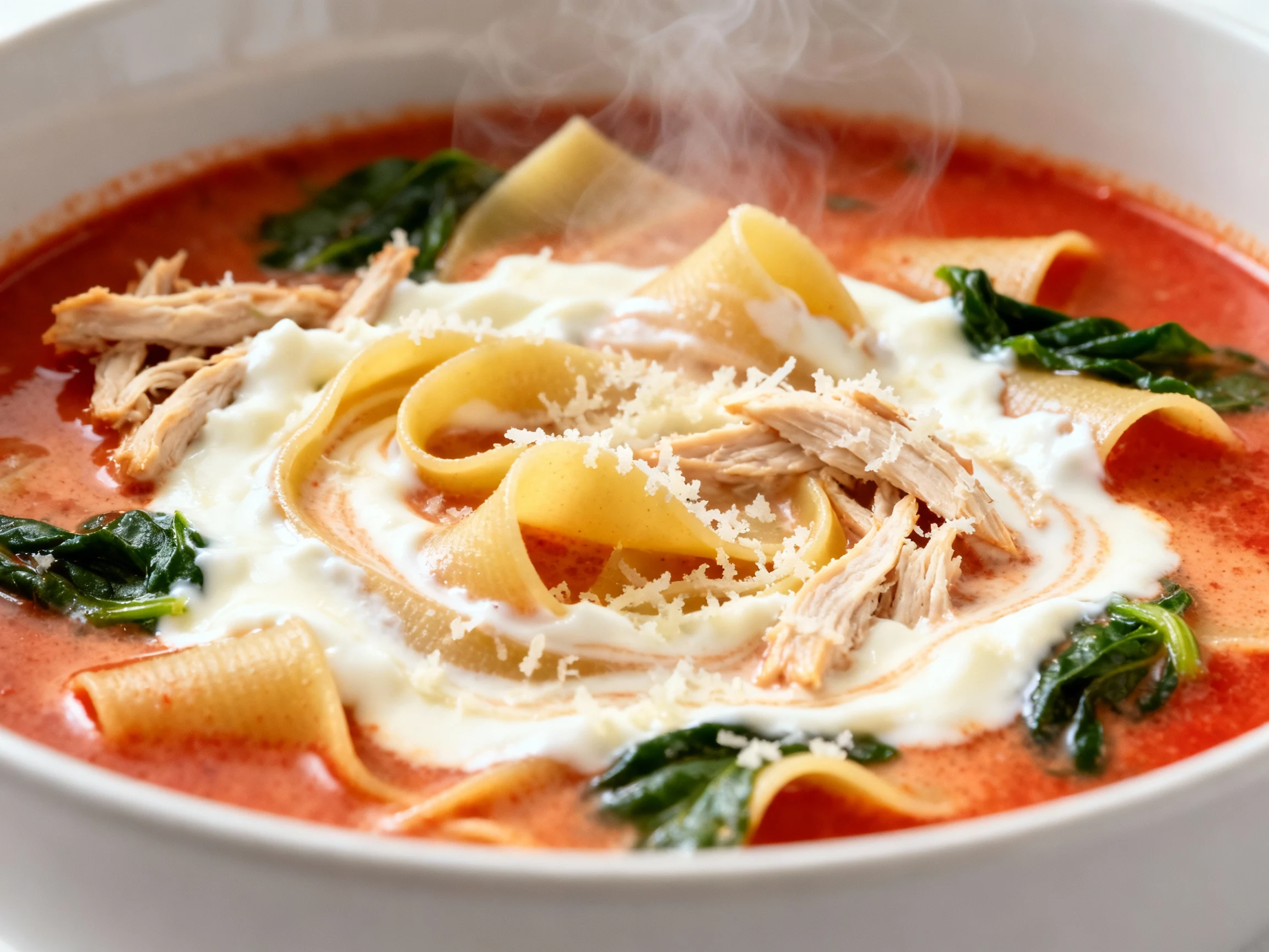 Food photography, Close-up of the cheesy finish: tomato-cream lasagna soup off-heat, ribbons of melted ricotta, mozzarel