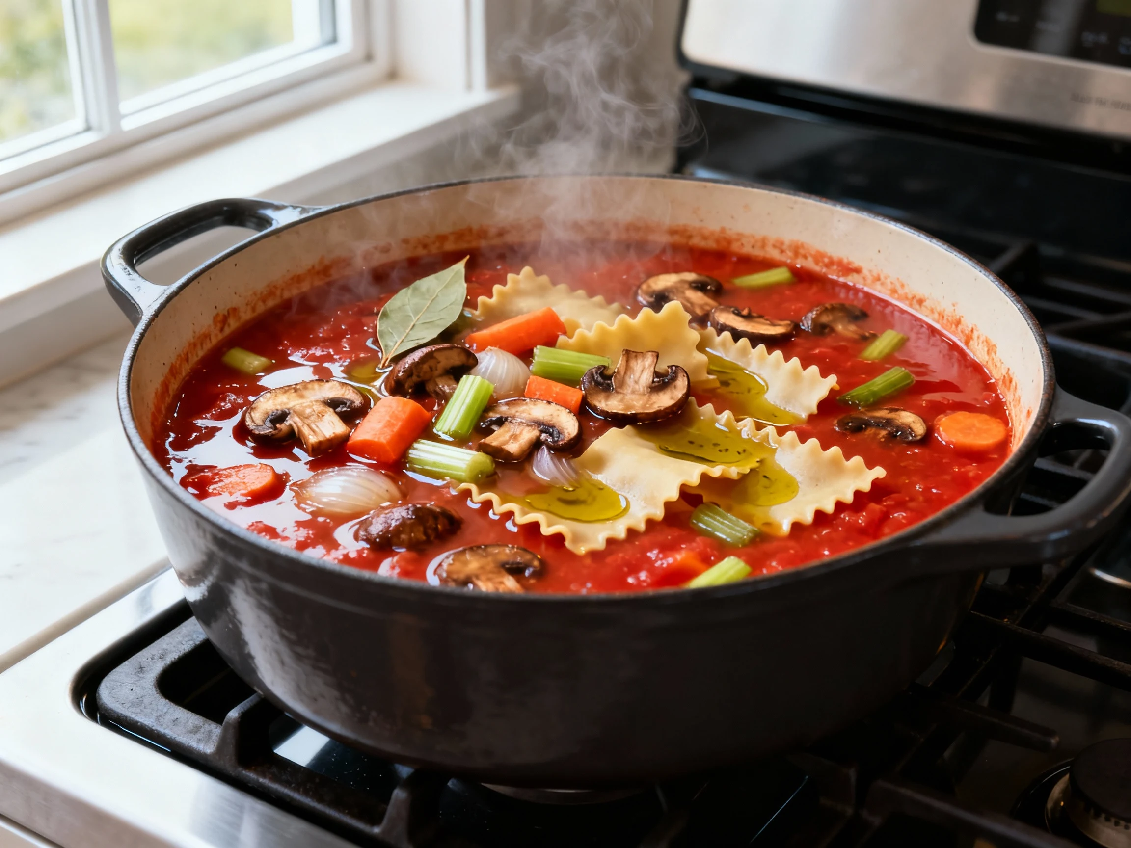 Food photography, Dutch oven of vegetarian lasagna soup at a lively simmer: deep red tomato-broth base with olive oil gl