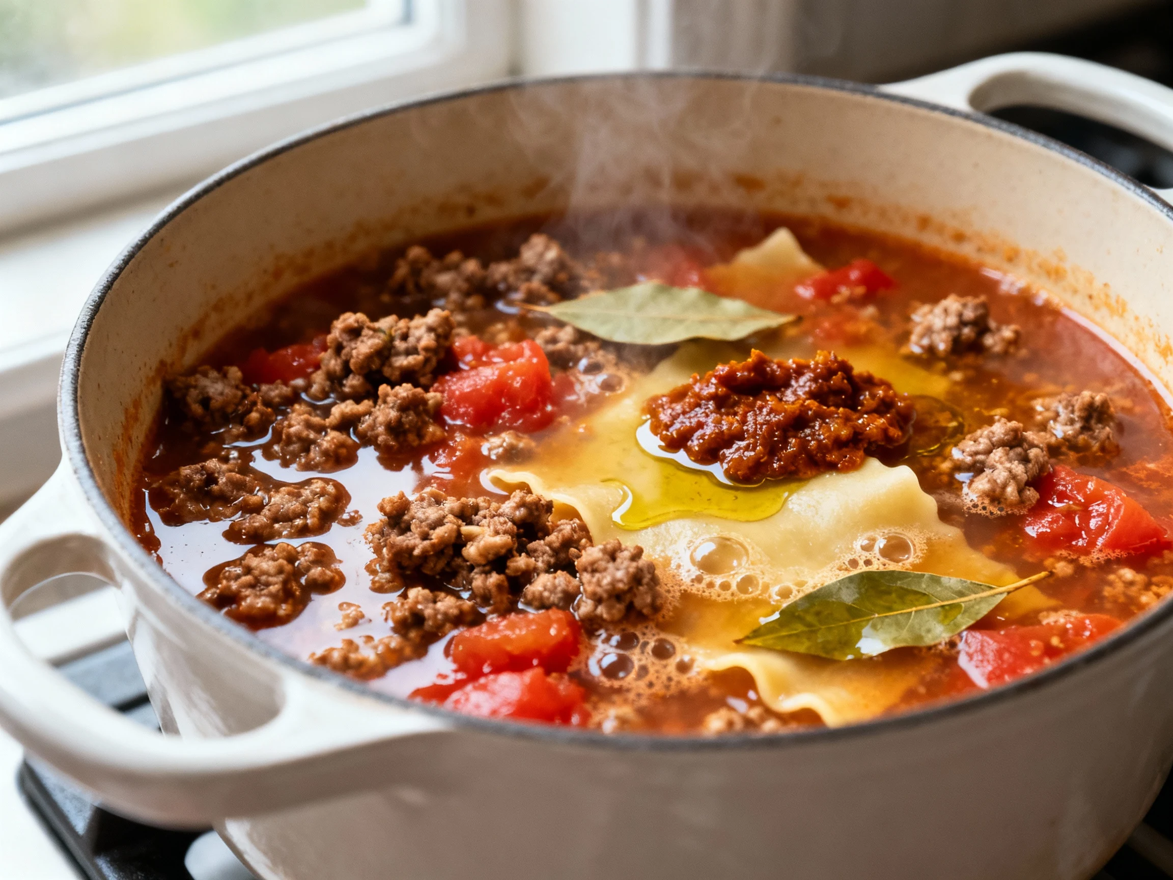 Food photography, Close-up of lasagna soup base simmering in an enameled Dutch oven: deeply browned Italian sausage crum
