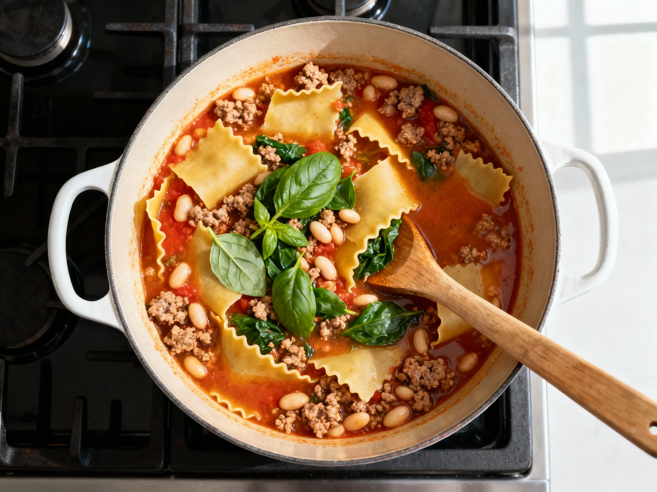 Food photography, 1. Cooking process overhead: Dutch oven of high protein lasagna soup at a steady simmer with broken la