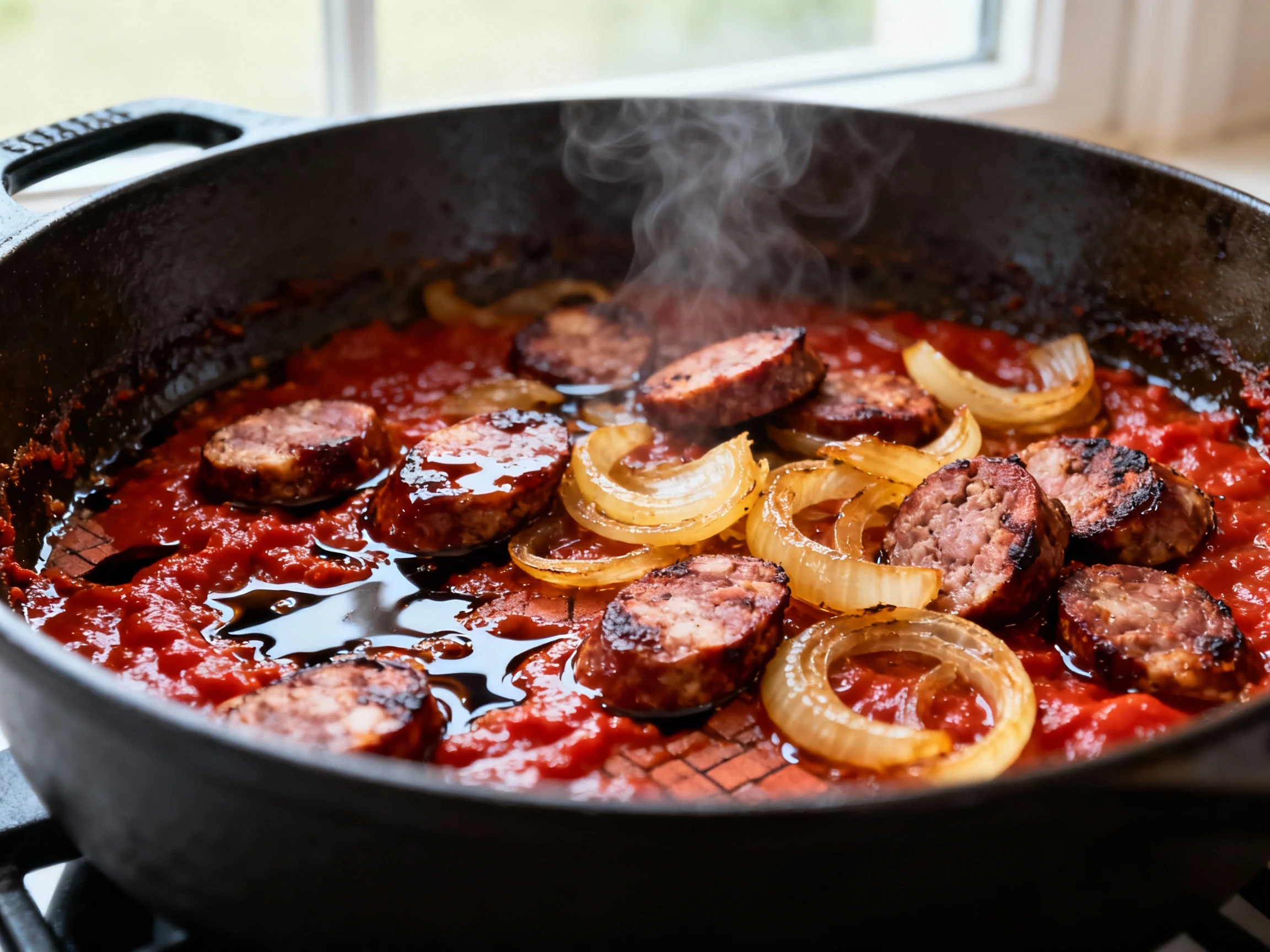 Food photography, Close-up of the browned base: caramelized tomato paste deglazed with balsamic coating crispy Italian s