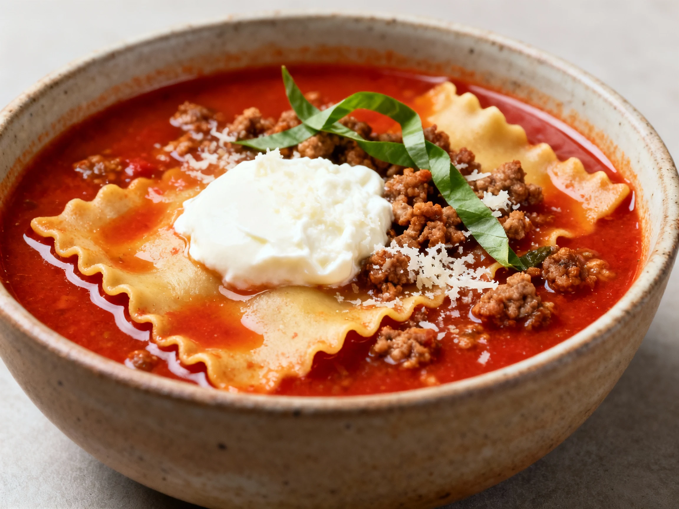 Food photography, Close-up of lasagna soup in a rustic ceramic bowl: ricotta dollop melting into glossy brick-red tomato