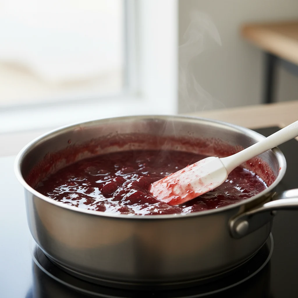 Food photography, Close-up of jammy strawberry reduction simmering in a stainless saucepan, glossy deep-ruby bubbles wit