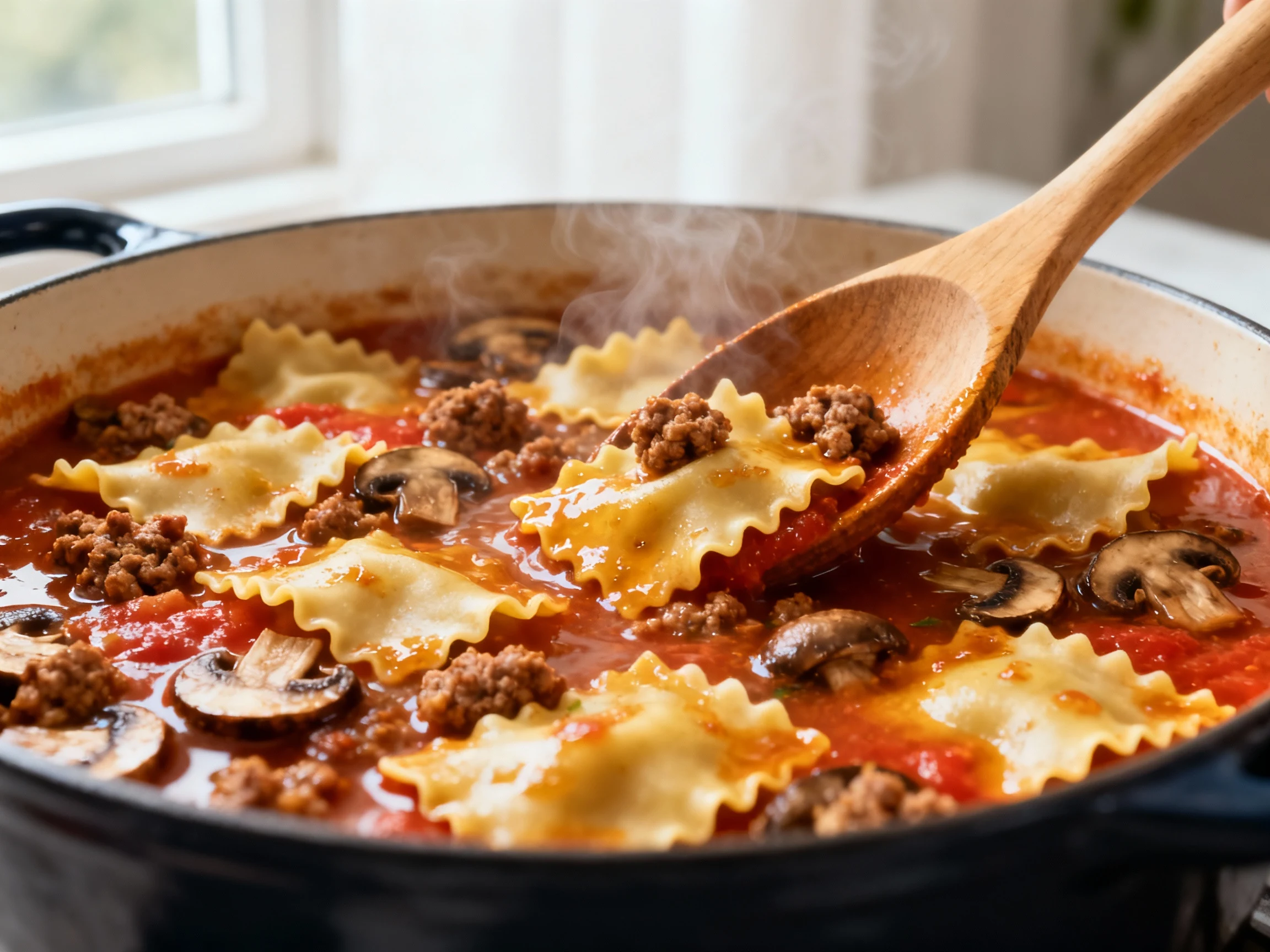 Food photography, 1. Cooking process: Close-up of one-pot lasagna soup being gently stirred with a wooden spoon—glossy c