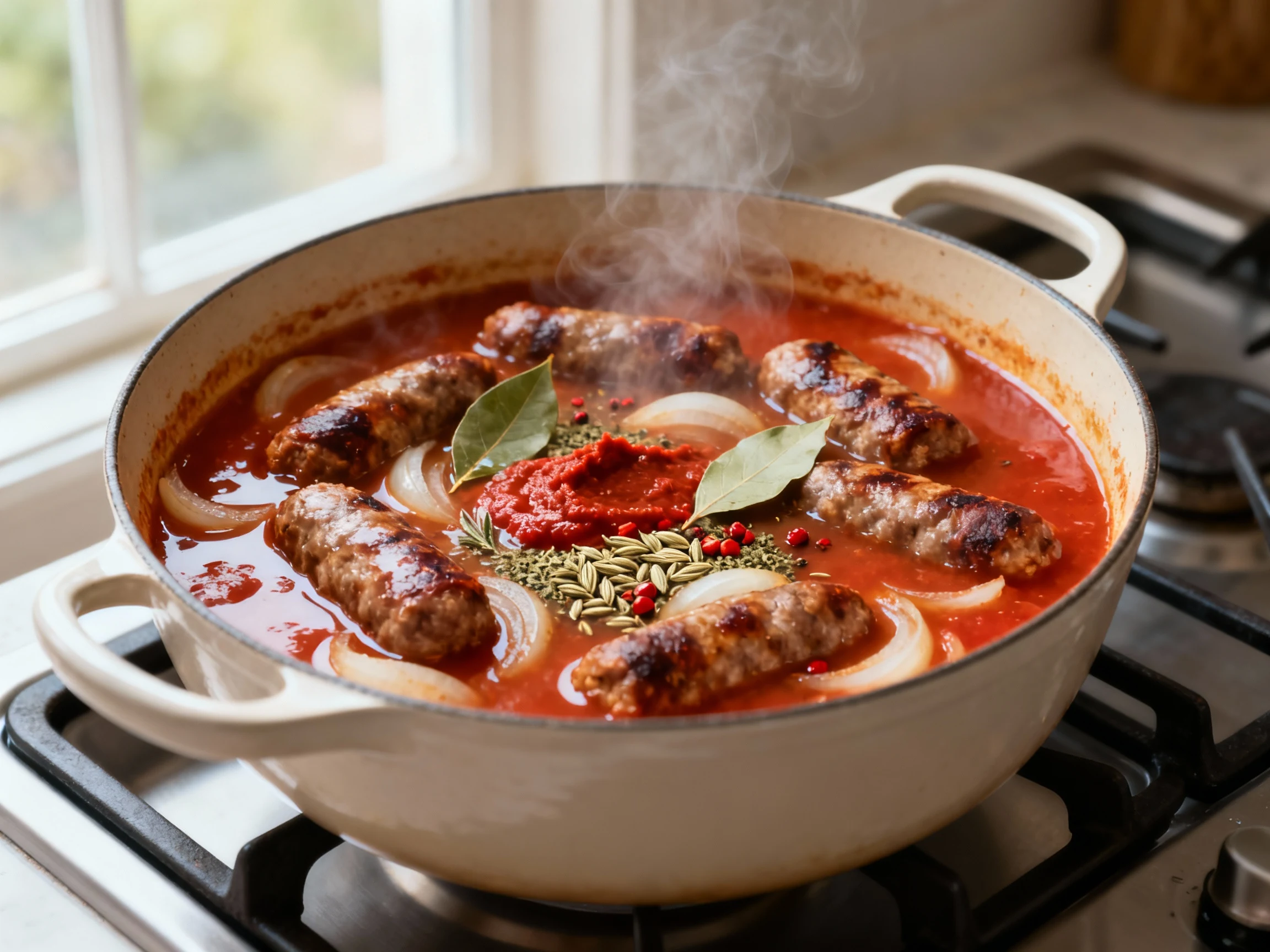 Food photography, Cooking process: Dutch oven with browned Italian sausage and onions simmering in a rich tomato-broth b