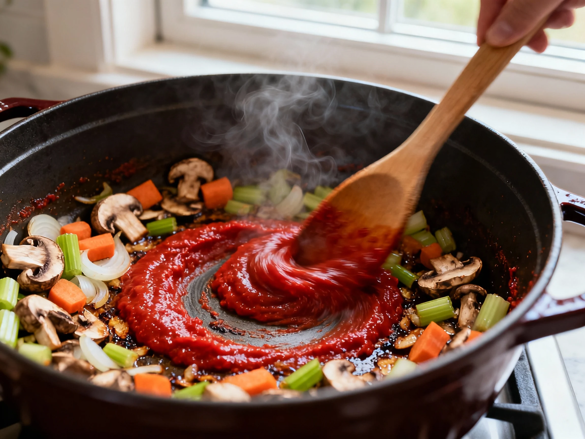 Food photography, Close-up of tomato paste “toasting” with sautéed onion, carrot, celery, cremini mushrooms in a Dutch o