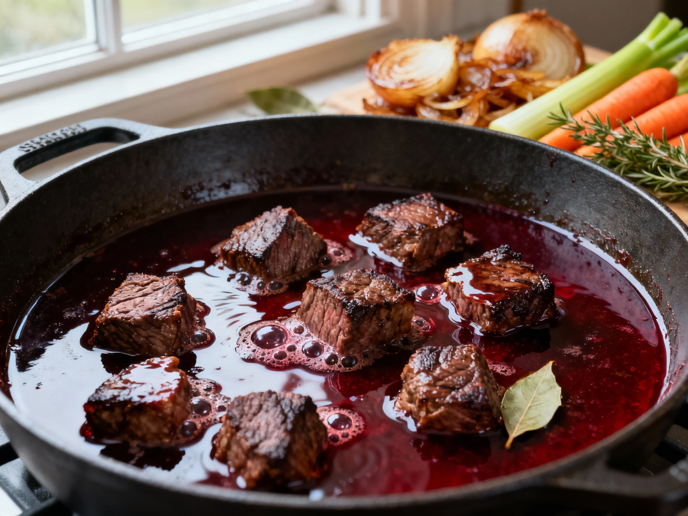 Food photography, 1. Close-up of hard-seared beef chuck cubes as ruby red wine deglazes in a Dutch oven, bubbles dissolv