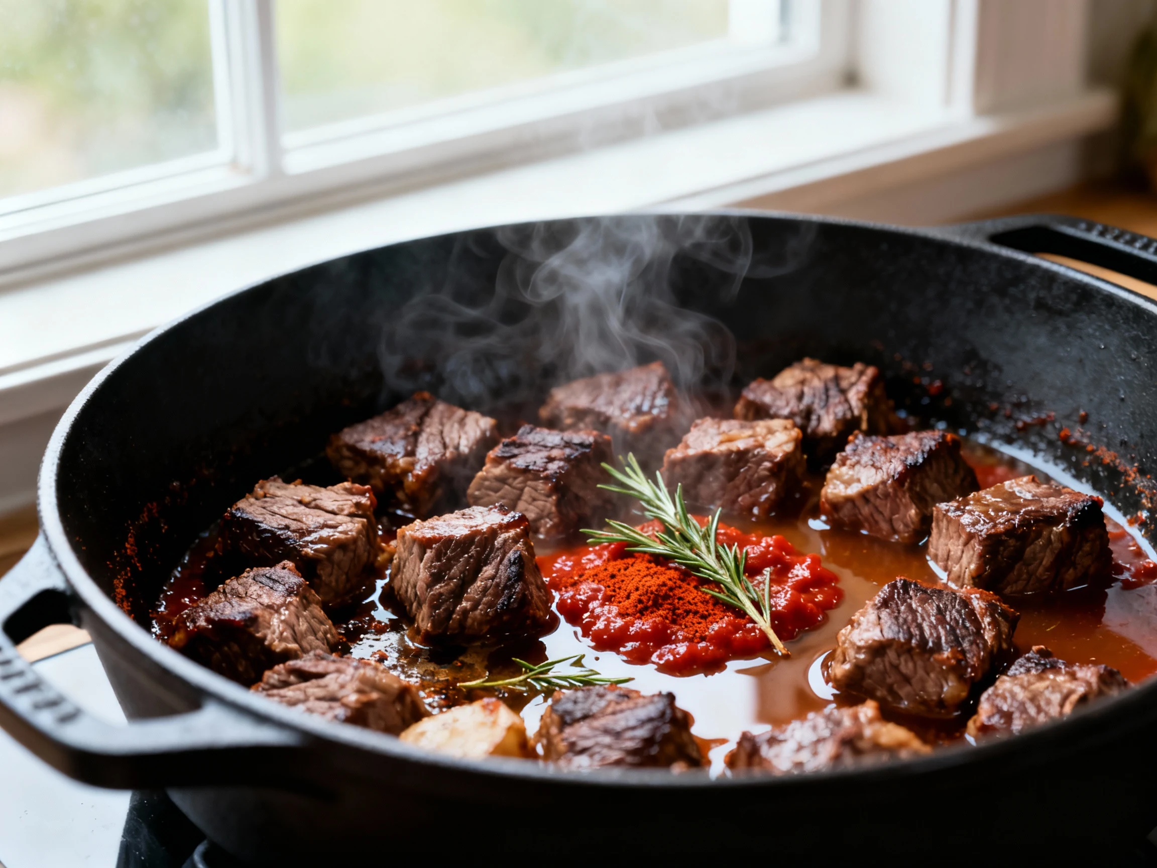 Food photography, 1. Close-up of seared beef stew cubes in a black Dutch oven, mahogany crust and sizzling fond, paprika