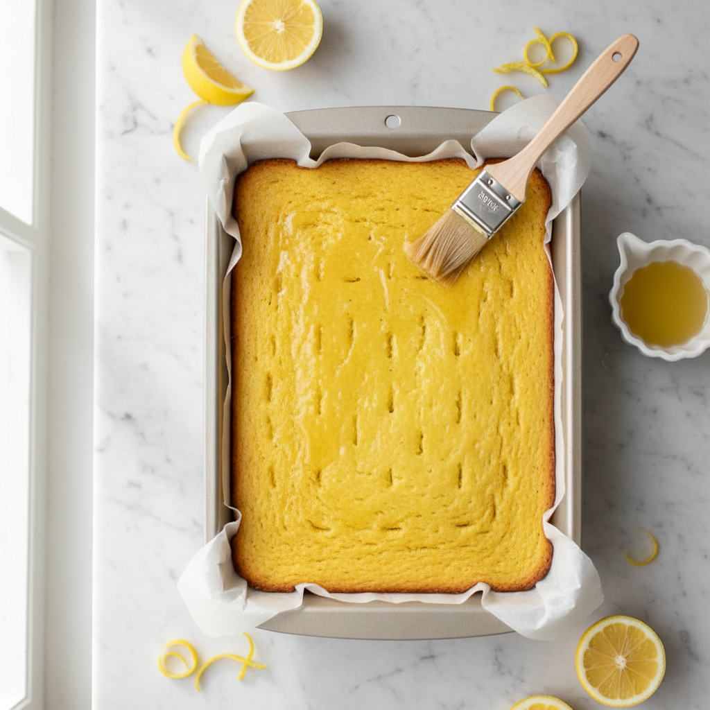 Food photography, Overhead shot of warm lemon sheet cake in a parchment-lined light metal 9x13 pan, tiny skewer holes vi