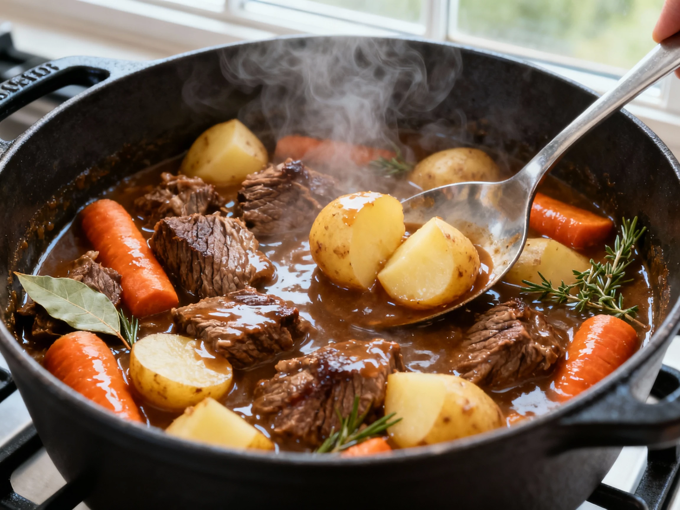 Food photography, Cooking process close-up: Dutch oven beef stew simmering after potatoes added—tender seared beef chuck