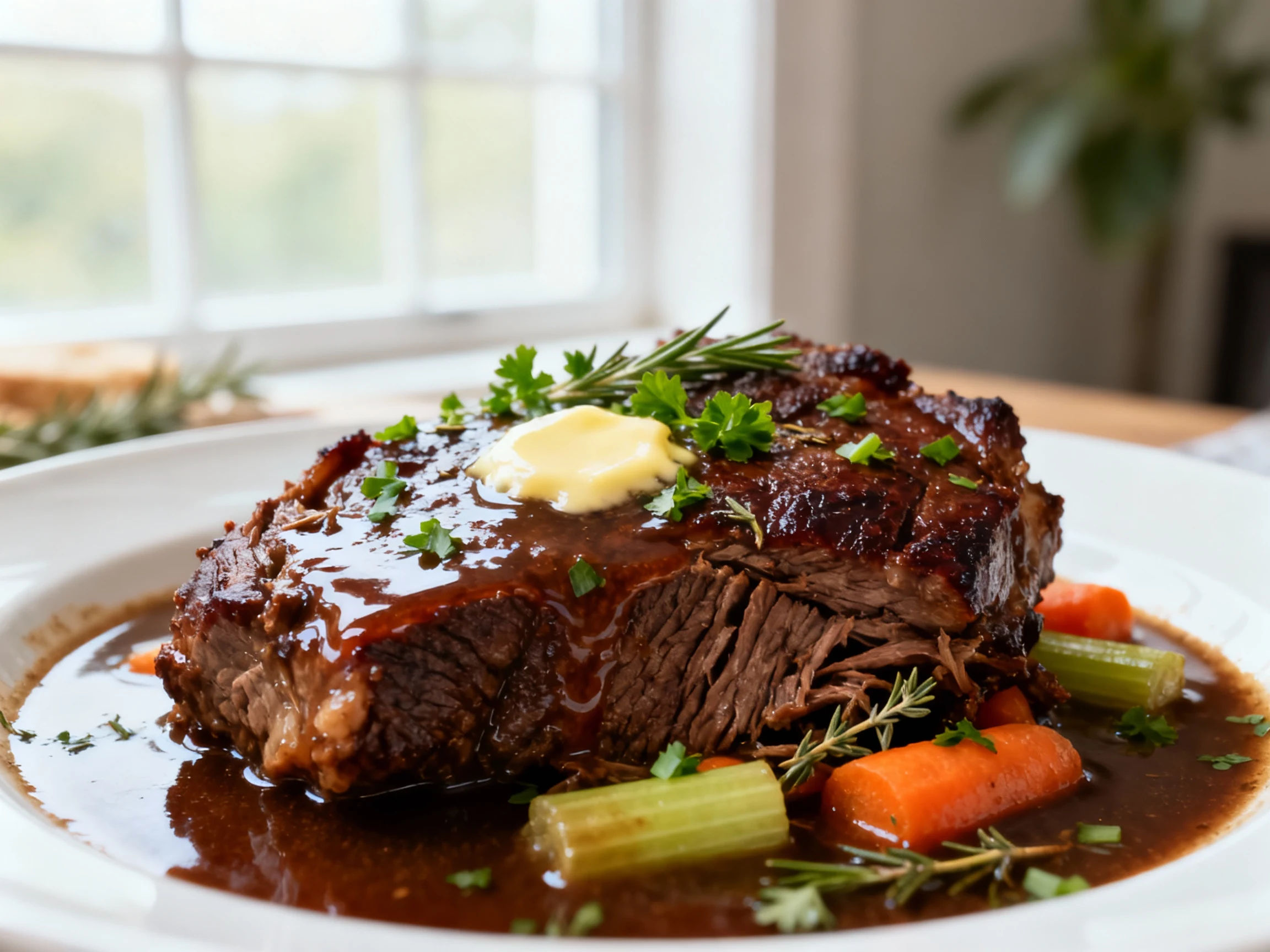 Food photography, Close-up of fall-apart, hard-seared beef chuck in glossy, collagen-rich gravy—deep mahogany brown with