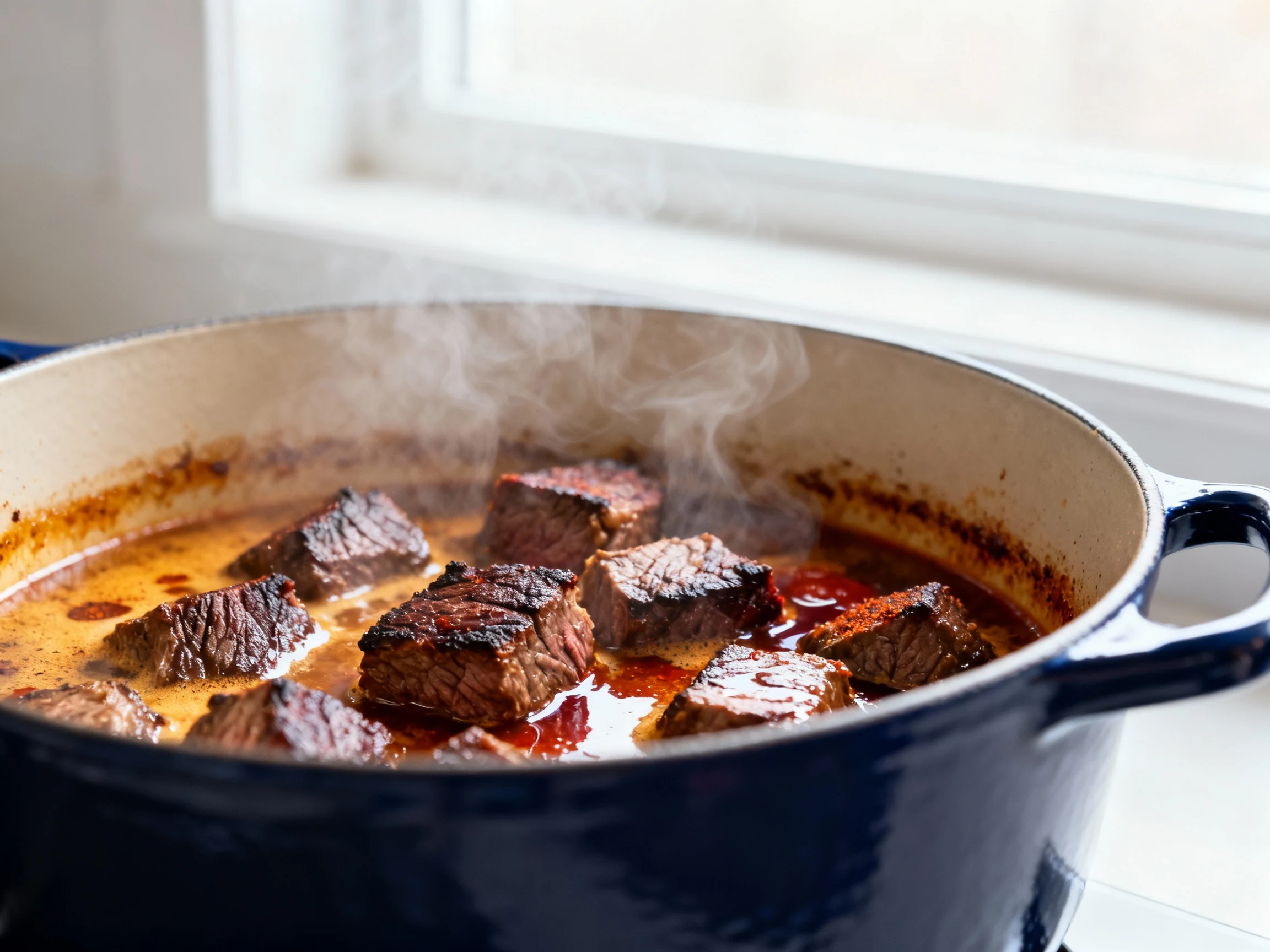 Food photography, Close-up detail of seared beef chuck cubes with deep mahogany crust and glossy fond as red wine deglaz