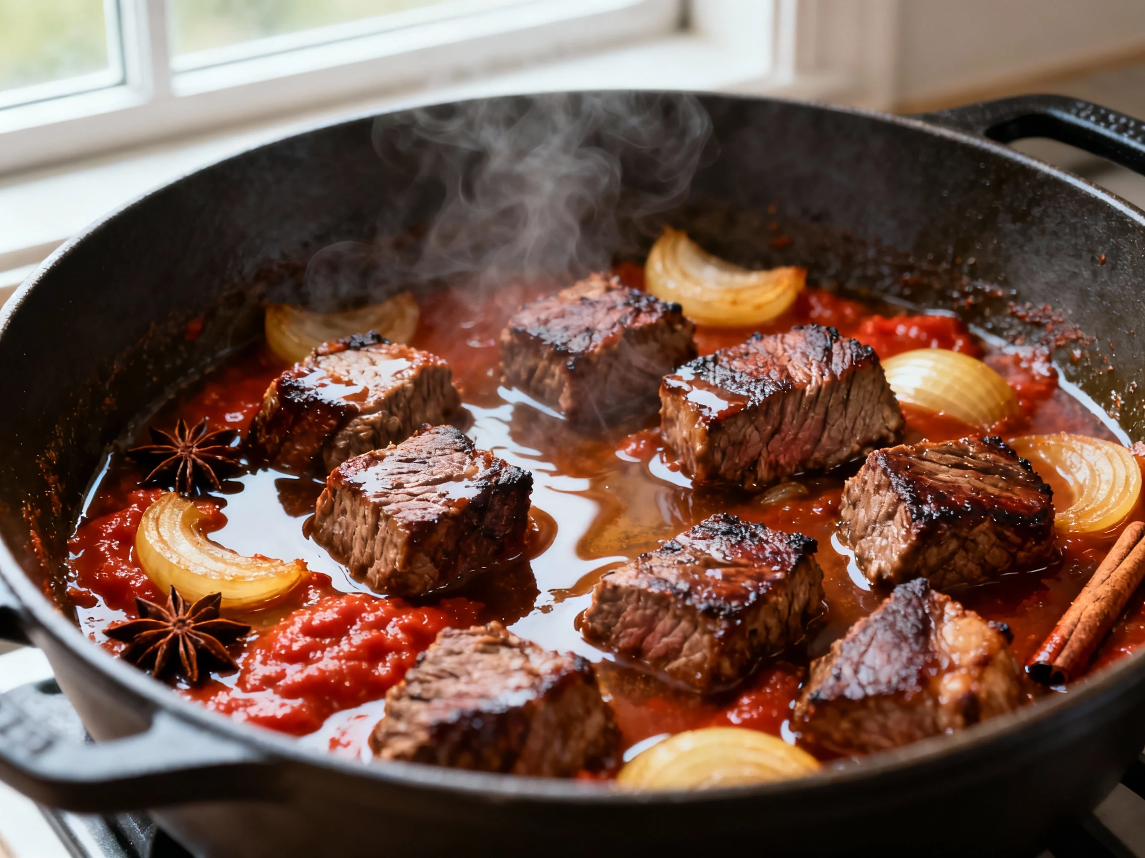 Food photography, Cooking process, close-up: Beef chuck cubes with mahogany sear in a Dutch oven as a splash of beef bro