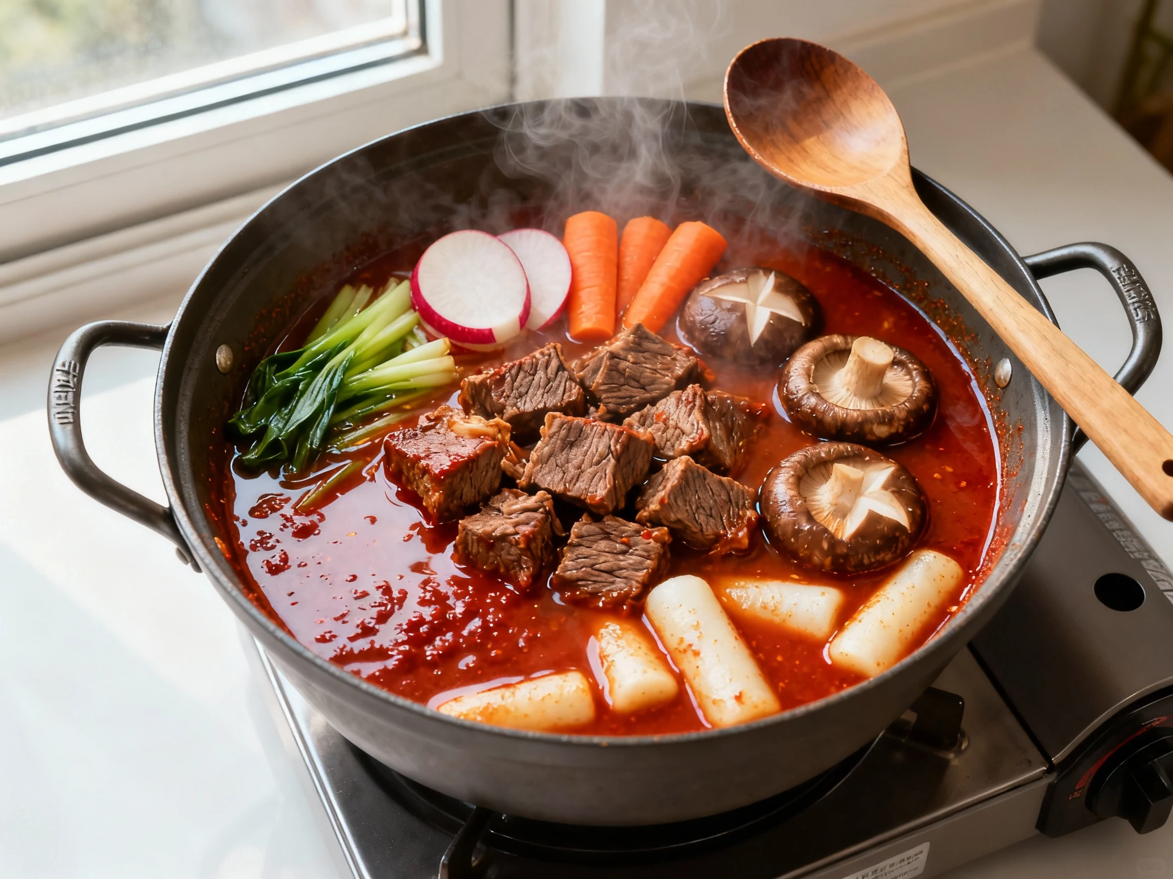 Food photography, Overhead of Korean beef stew simmering in a heavy pot after deglazing and blooming gochujang: seared c