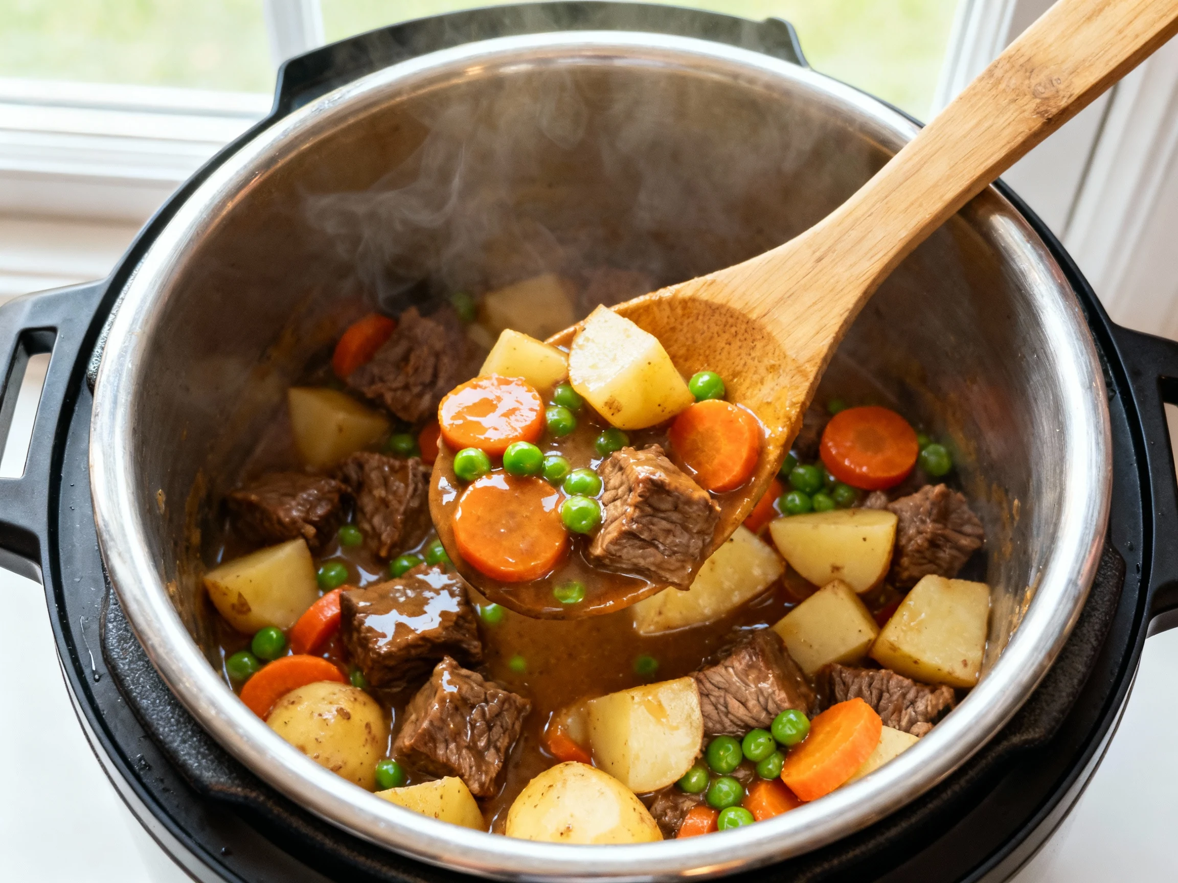 Food photography, Overhead shot of Instant Pot beef stew during the thickening step on Sauté (Low): tender chuck cubes,