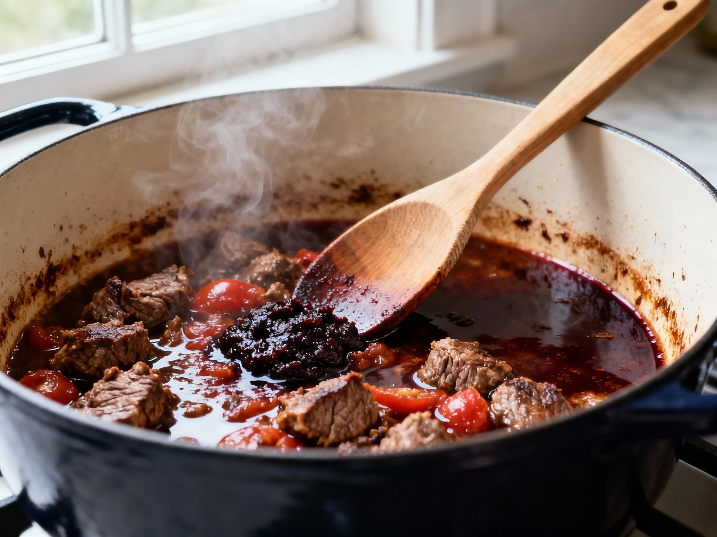 Food photography, Close-up cooking process: Dutch oven deglaze scene with browned beef fond and darkened tomato paste si