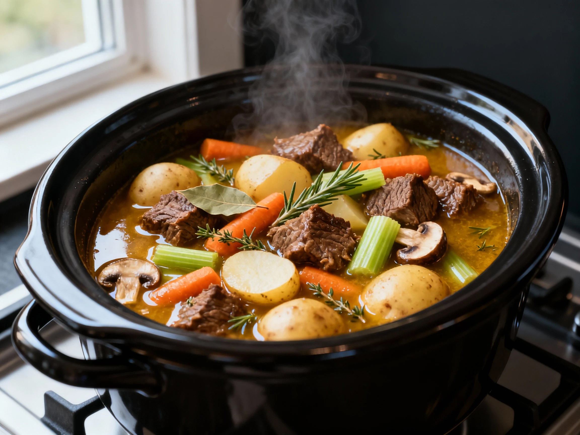Food photography, Slow cooker beef stew mid-cook at a gentle simmer, 45-degree angle: browned chuck cubes, tender carrot