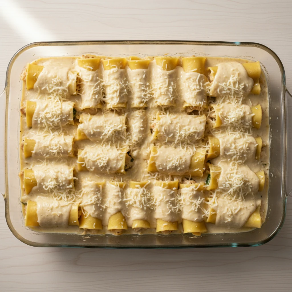 Food photography, Overhead shot of a 9x13 baking dish filled with neatly lined Chicken Alfredo Lasagna Roll-Ups, seam-si