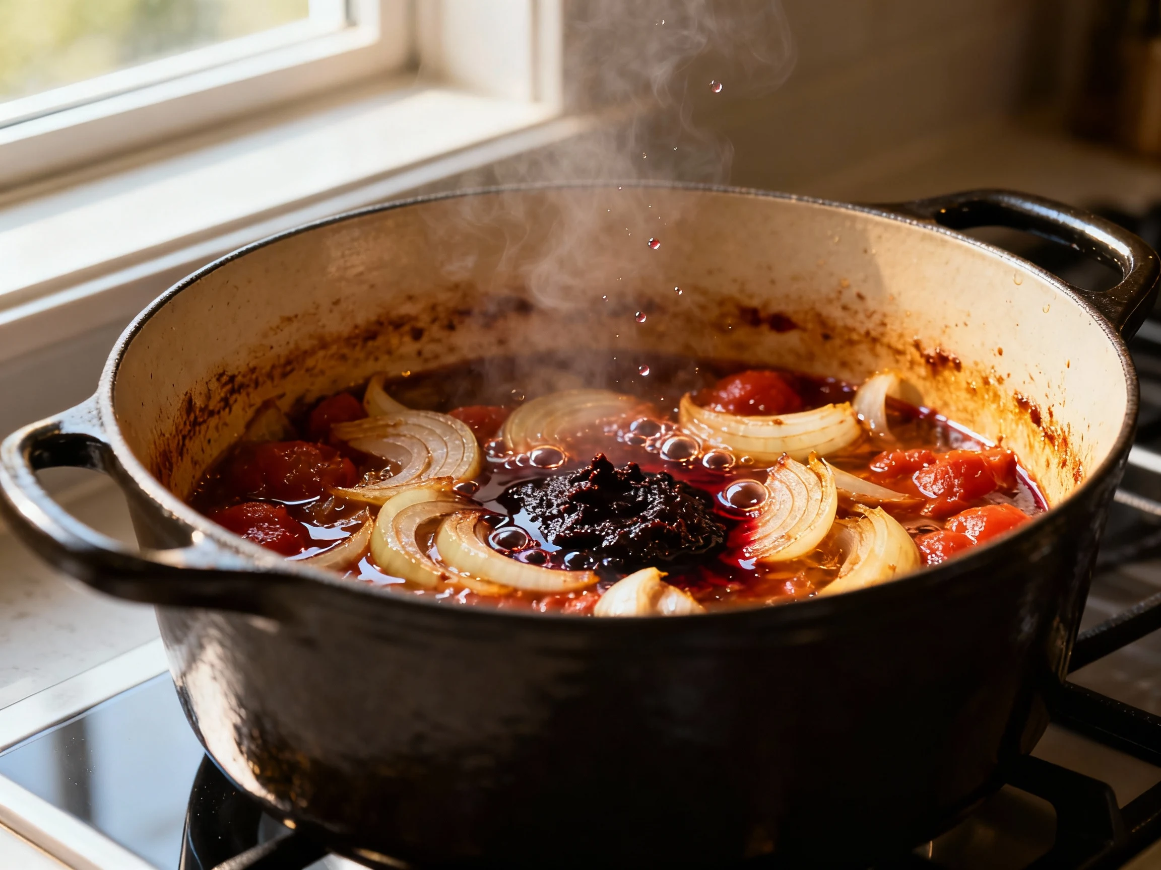 Food photography, Beef stew prep: deglazing a heavy Dutch oven with reduced red wine over sautéed onion and darkened tom