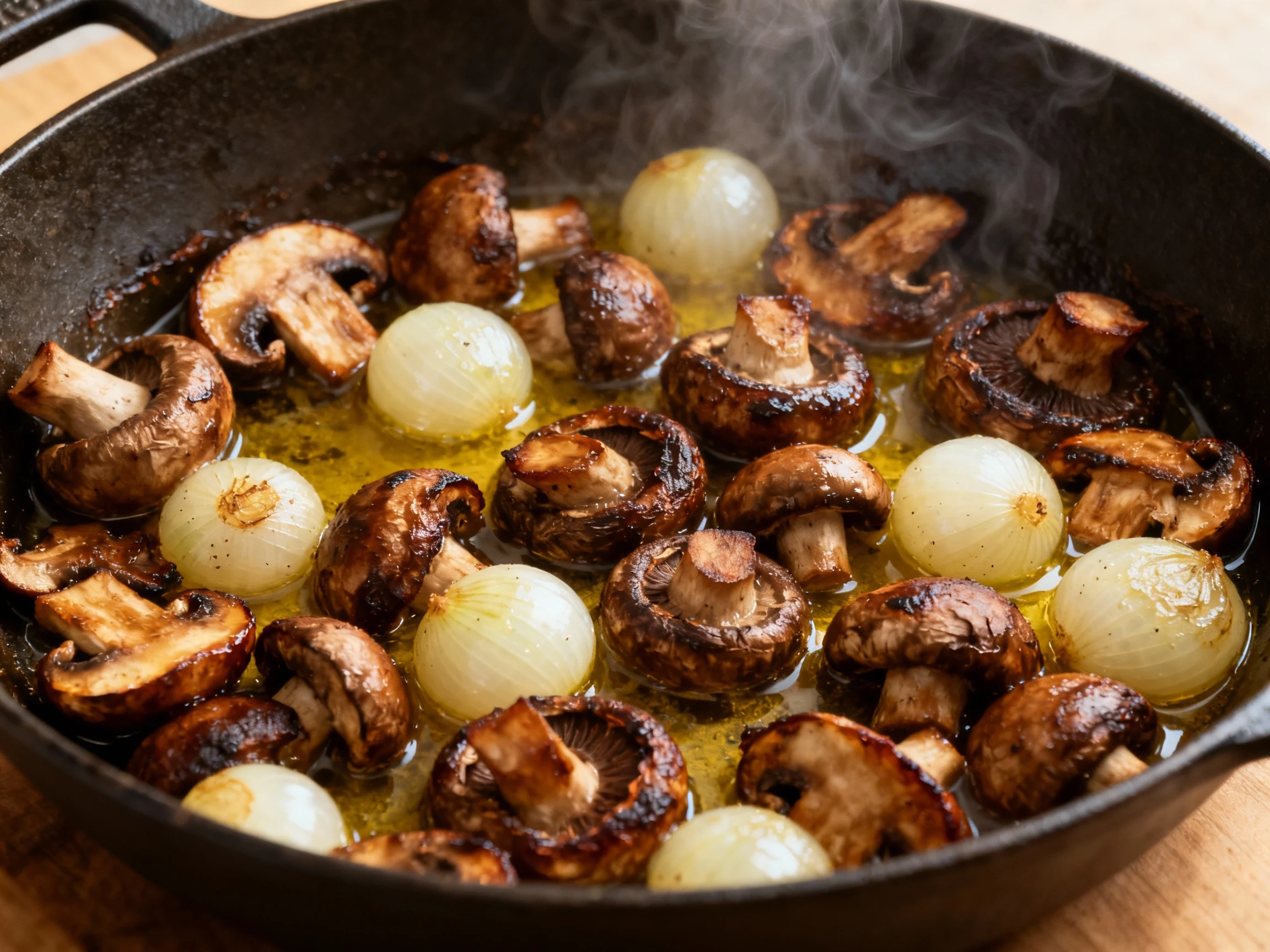 Food photography, Skillet of deeply browned cremini mushrooms and pearl onions in butter and olive oil for French beef s