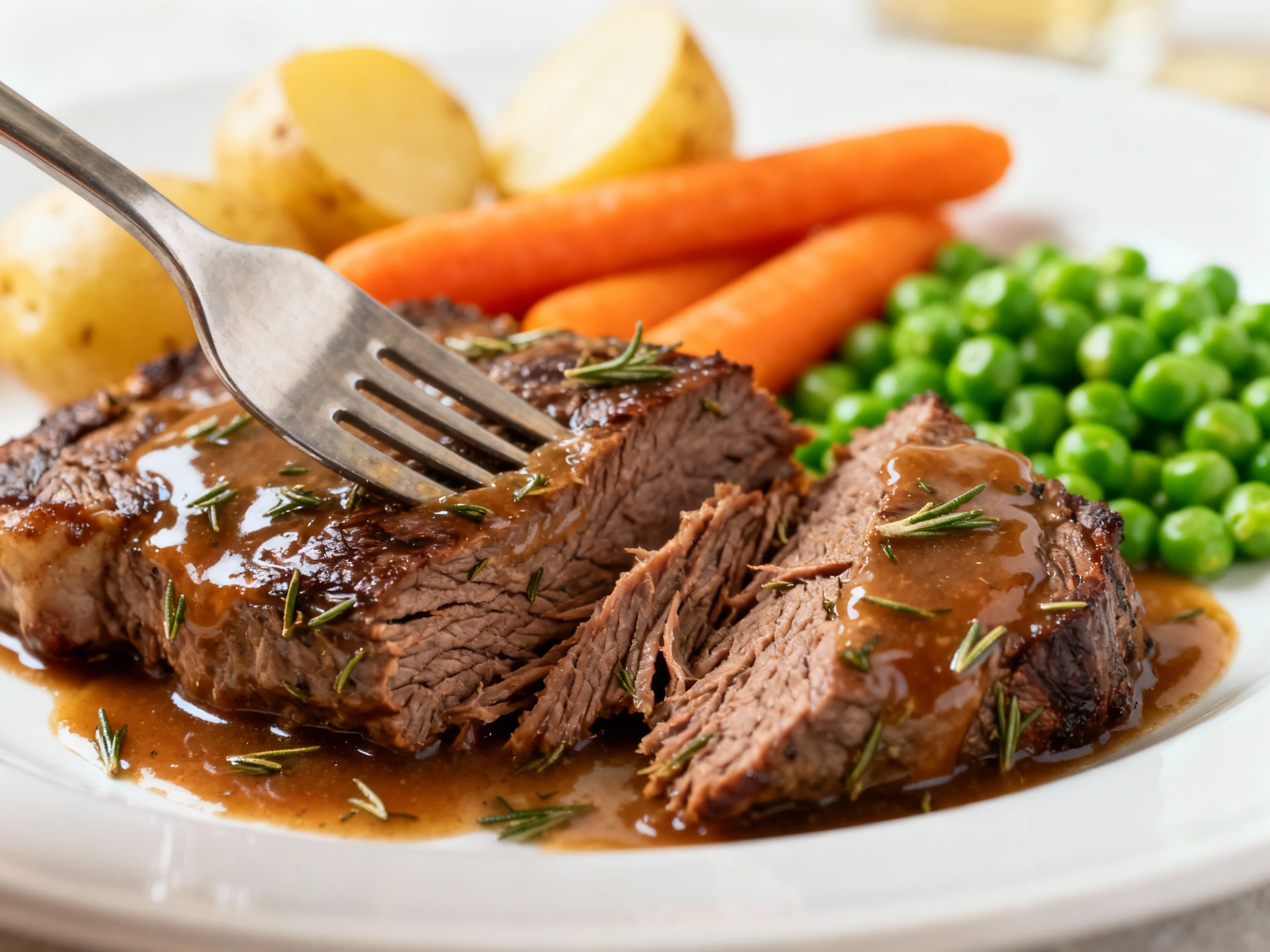 Food photography, Close-up of fork-tender seared chuck roast coated in glossy, slightly thick gravy with rosemary–thyme 