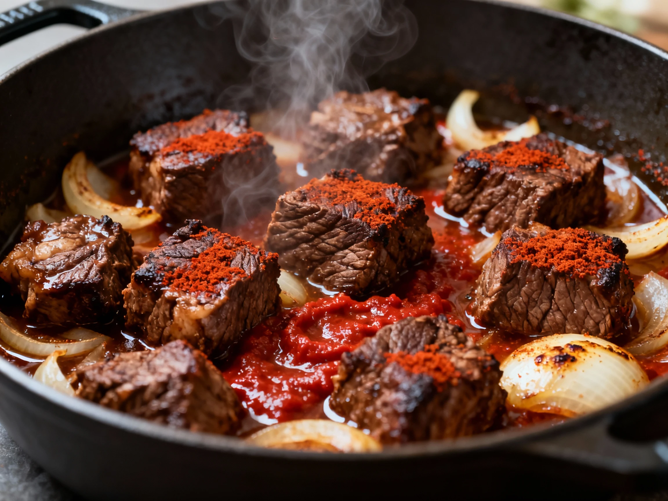 Food photography, Beef chuck cubes hard-searing in a heavy Dutch oven, deep mahogany crust and caramelized fond visible;
