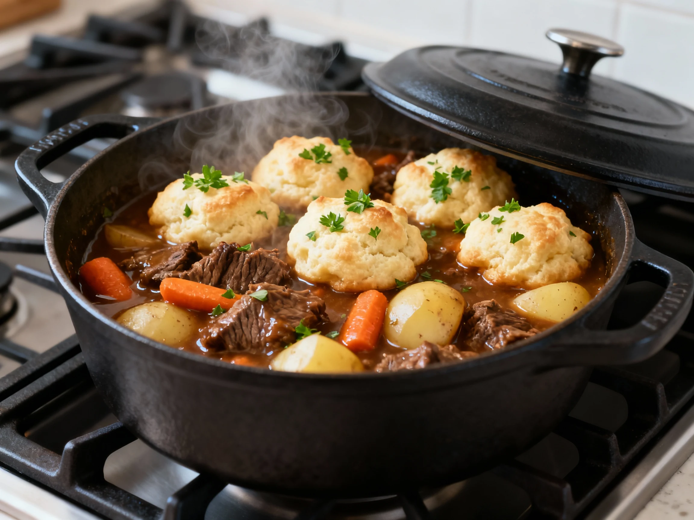 Food photography, Close-up of a Dutch oven of beef stew just uncovered to set the tops: puffed parsley-flecked dumplings