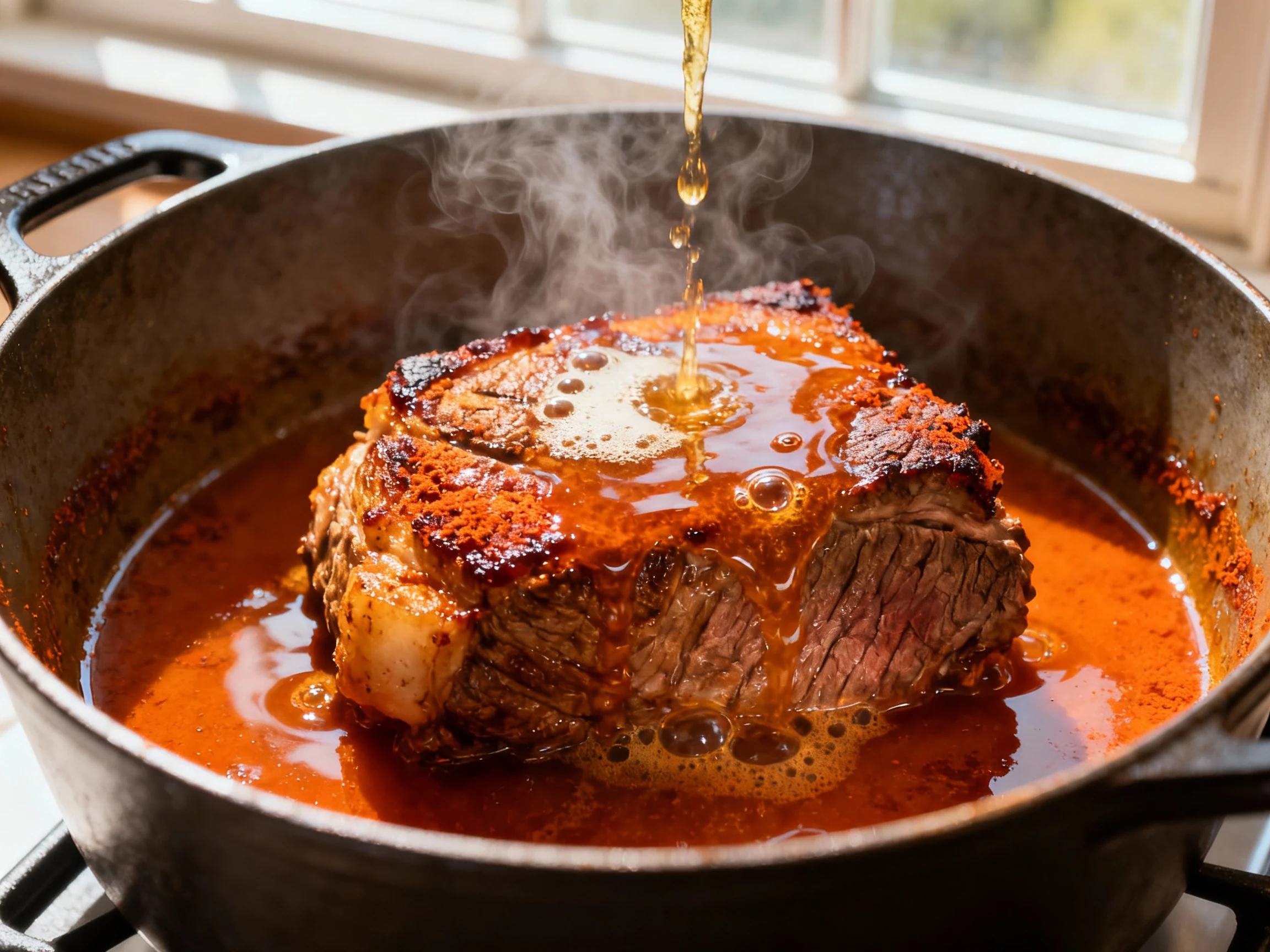 Food photography, 1. Close-up of golden-seared beef chuck in a heavy Dutch oven, caramelized fond and a splash of beer d