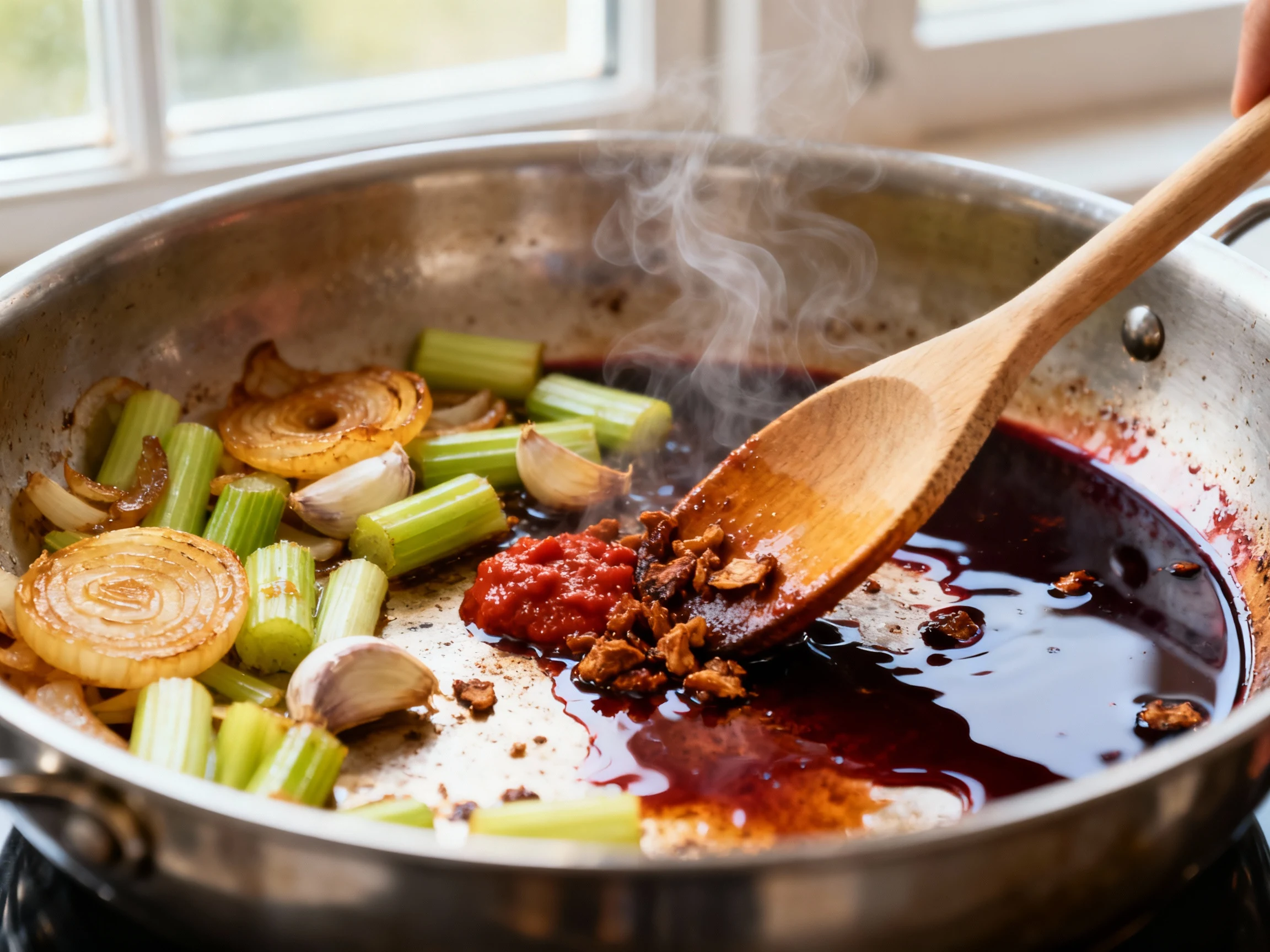 Food photography, Close-up of the deglazing step: golden onion and celery with garlic and tomato paste in a heavy pot as