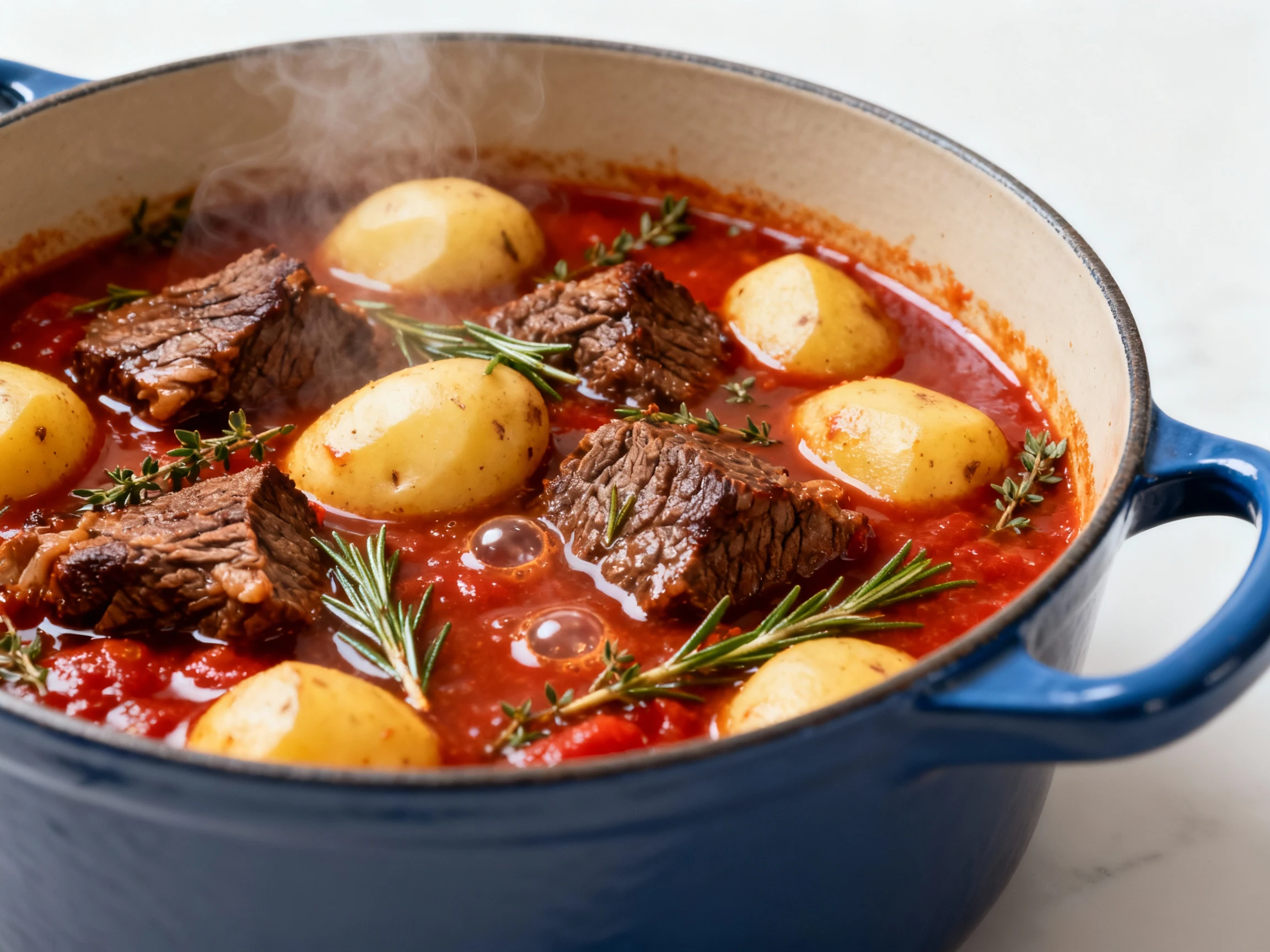 Food photography, Close-up of Italian beef stew reducing uncovered in an enameled Dutch oven: deeply browned chuck and g