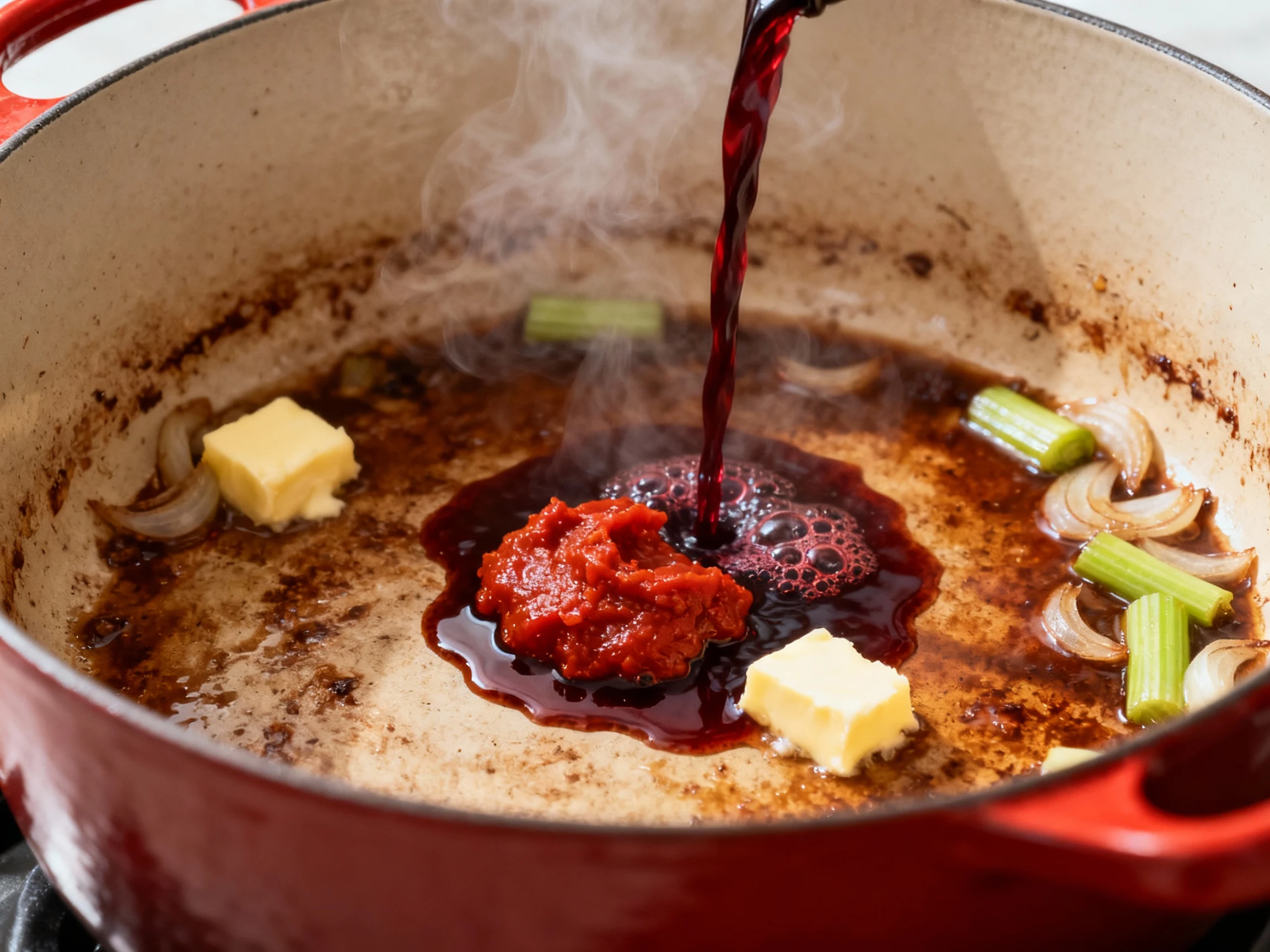 Food photography, Close-up cooking process: Dutch oven deglazing scene with tomato paste caramelized and red wine bubbli