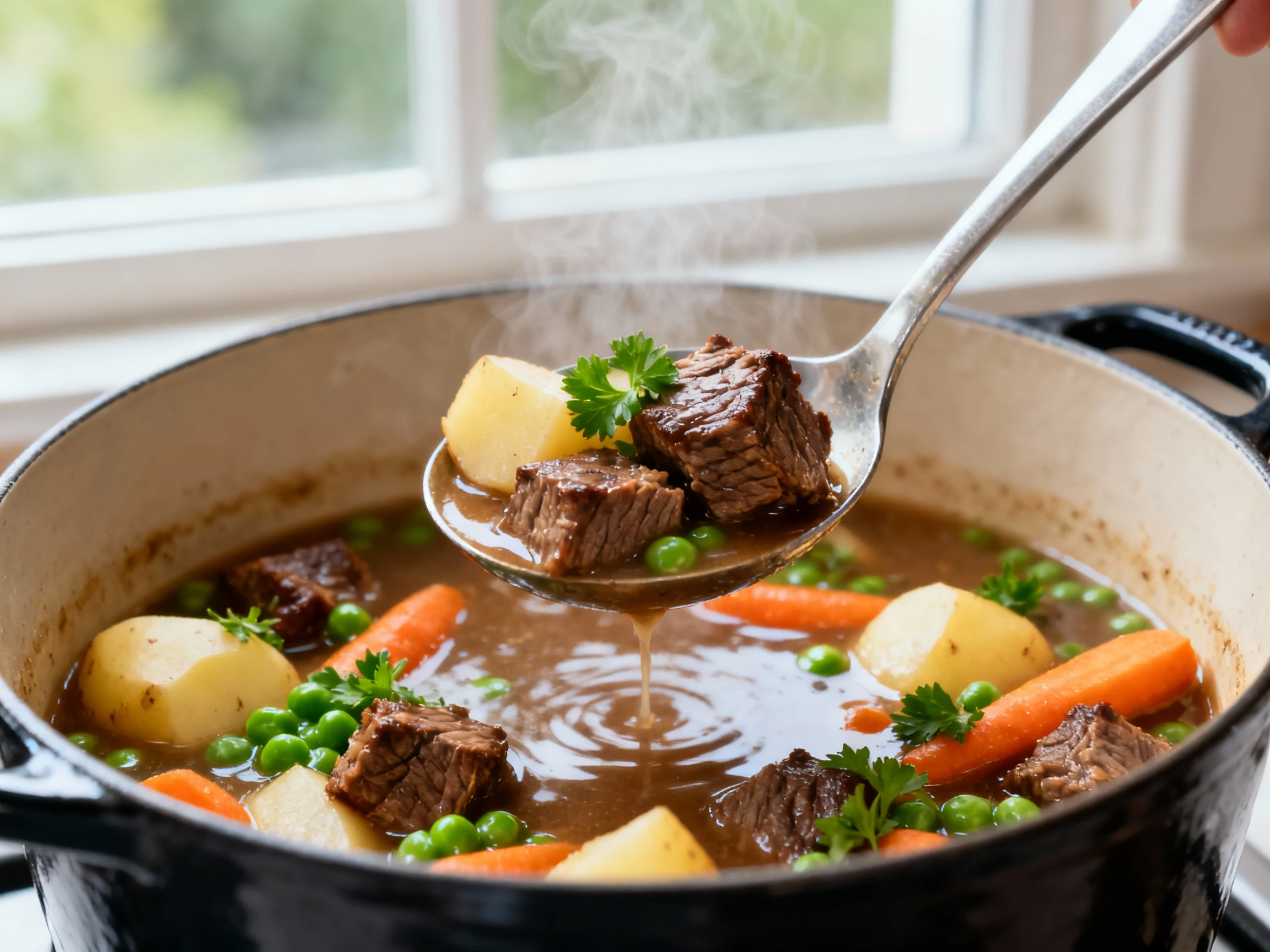 Food photography, Close-up of a ladle lifting tender, deeply seared chuck cubes with silky, umami-rich beef broth, Yukon