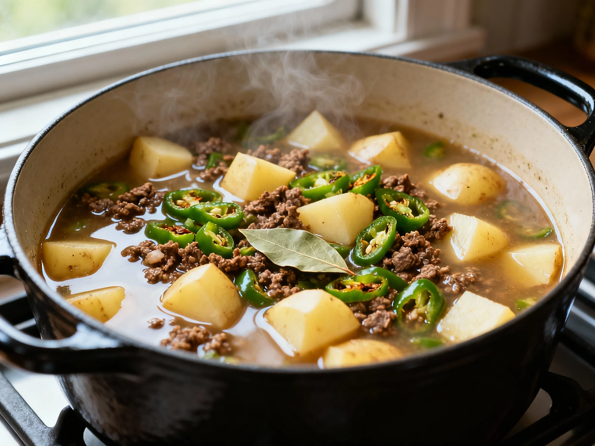 Food photography, Close-up of masa-thickened green chili stew with ground beef simmering in a Dutch oven: silky, glossy 