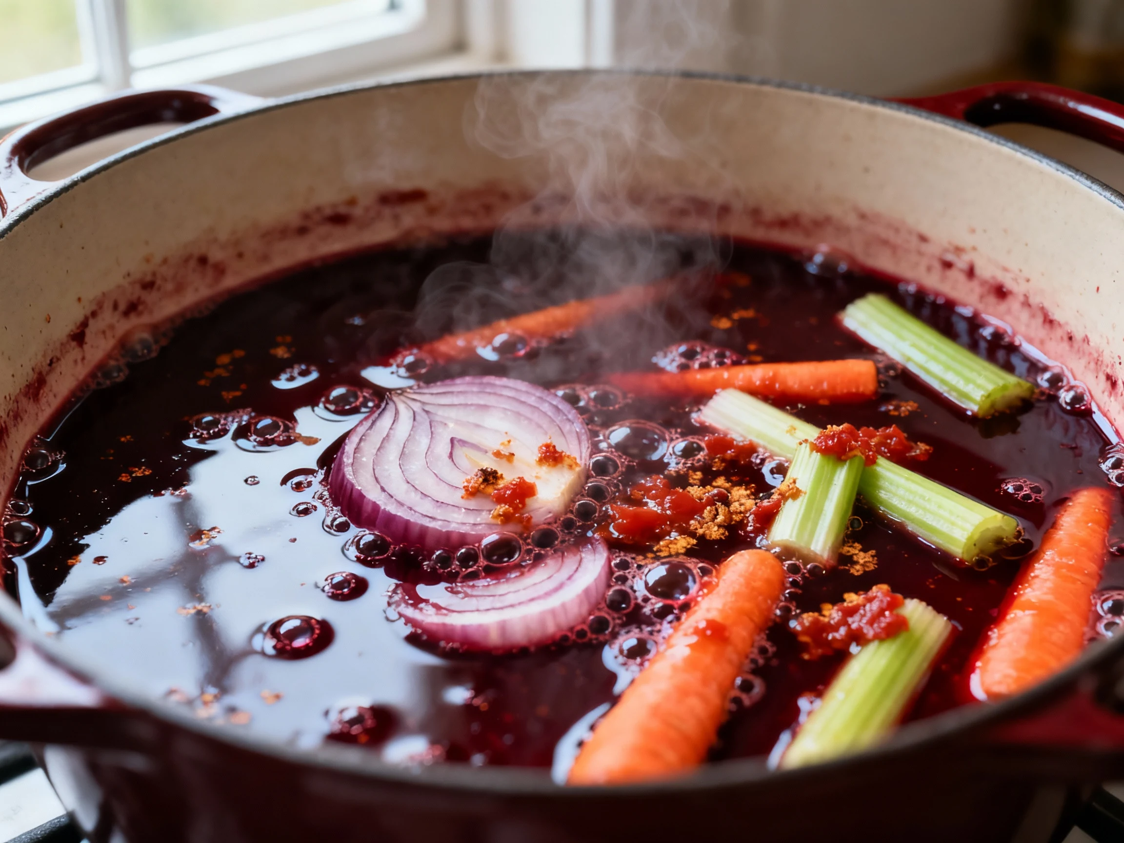Food photography, 1. Close-up of syrupy red wine reduction bubbling around softened onions, carrots, and celery in a Dut