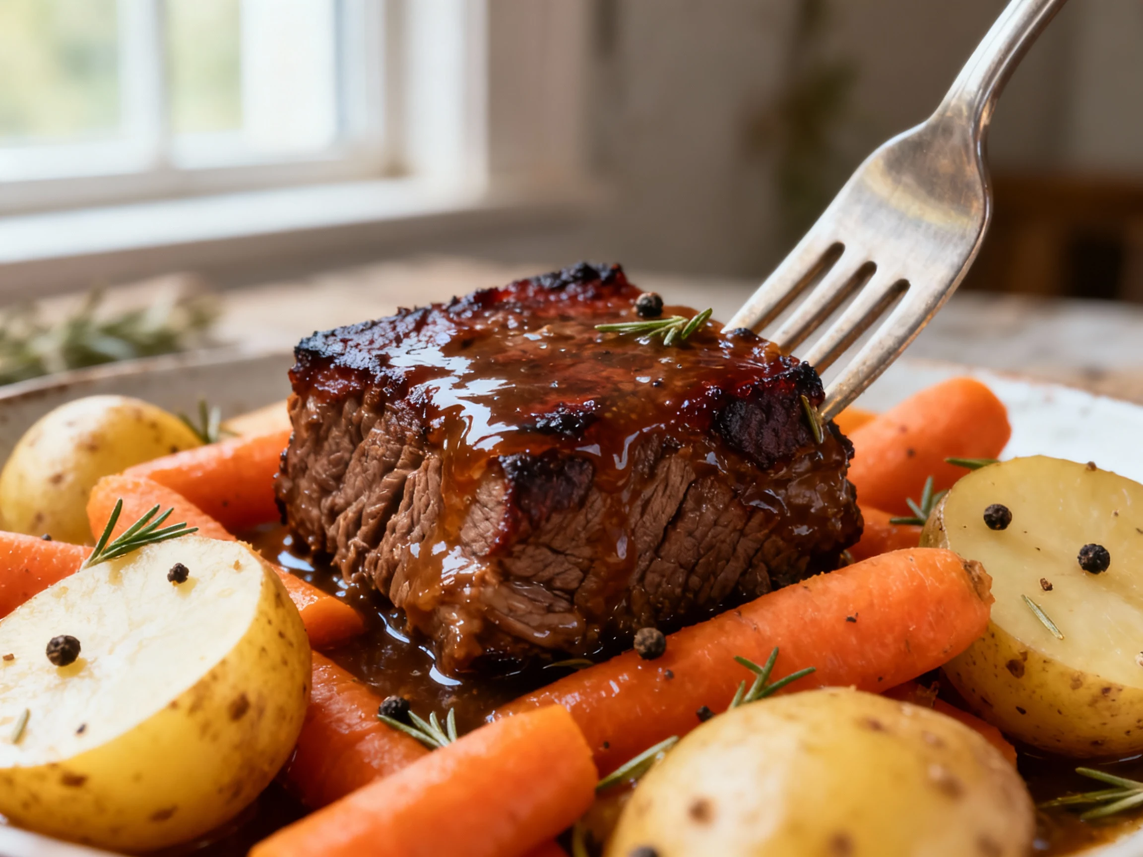 Food photography, Close-up detail: fork-tender beef chuck cube with deep mahogany sear, lacquered in glossy gravy, nestl