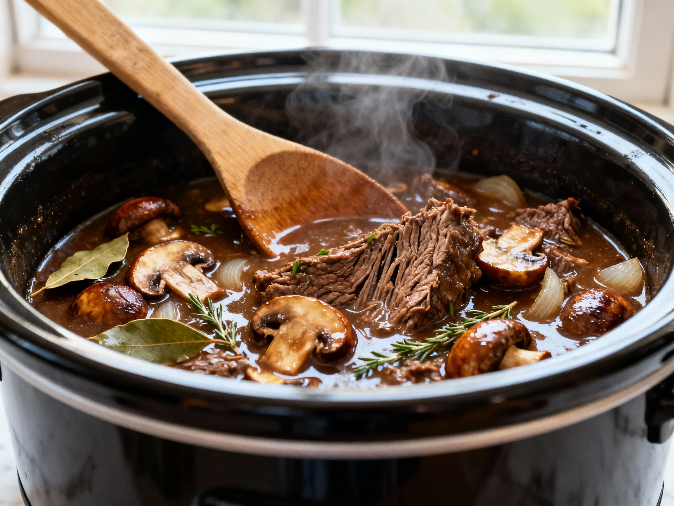 Food photography, Close-up of slow cooker with fork-tender chuck stew beef simmering in rich, glossy beef gravy; browned