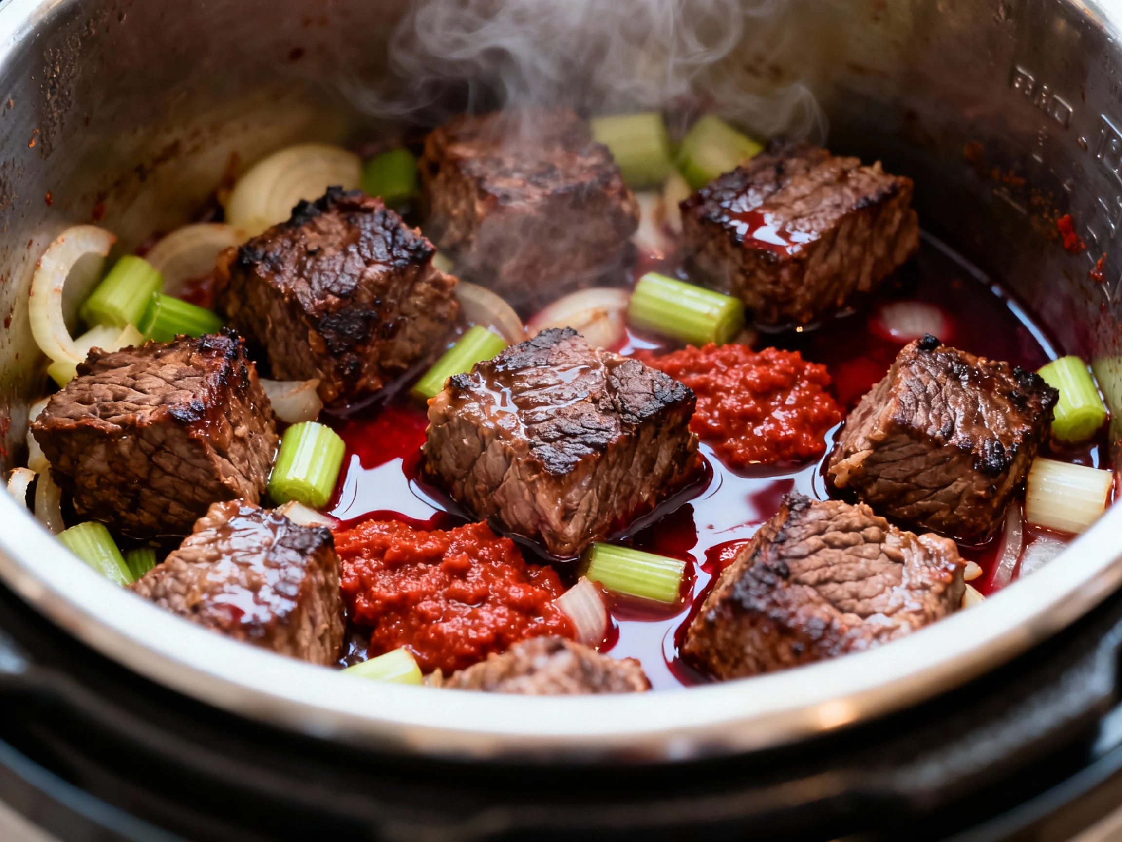Food photography, Close-up of browned chuck cubes in the Instant Pot after searing: mahogany crust, sautéed onions and c