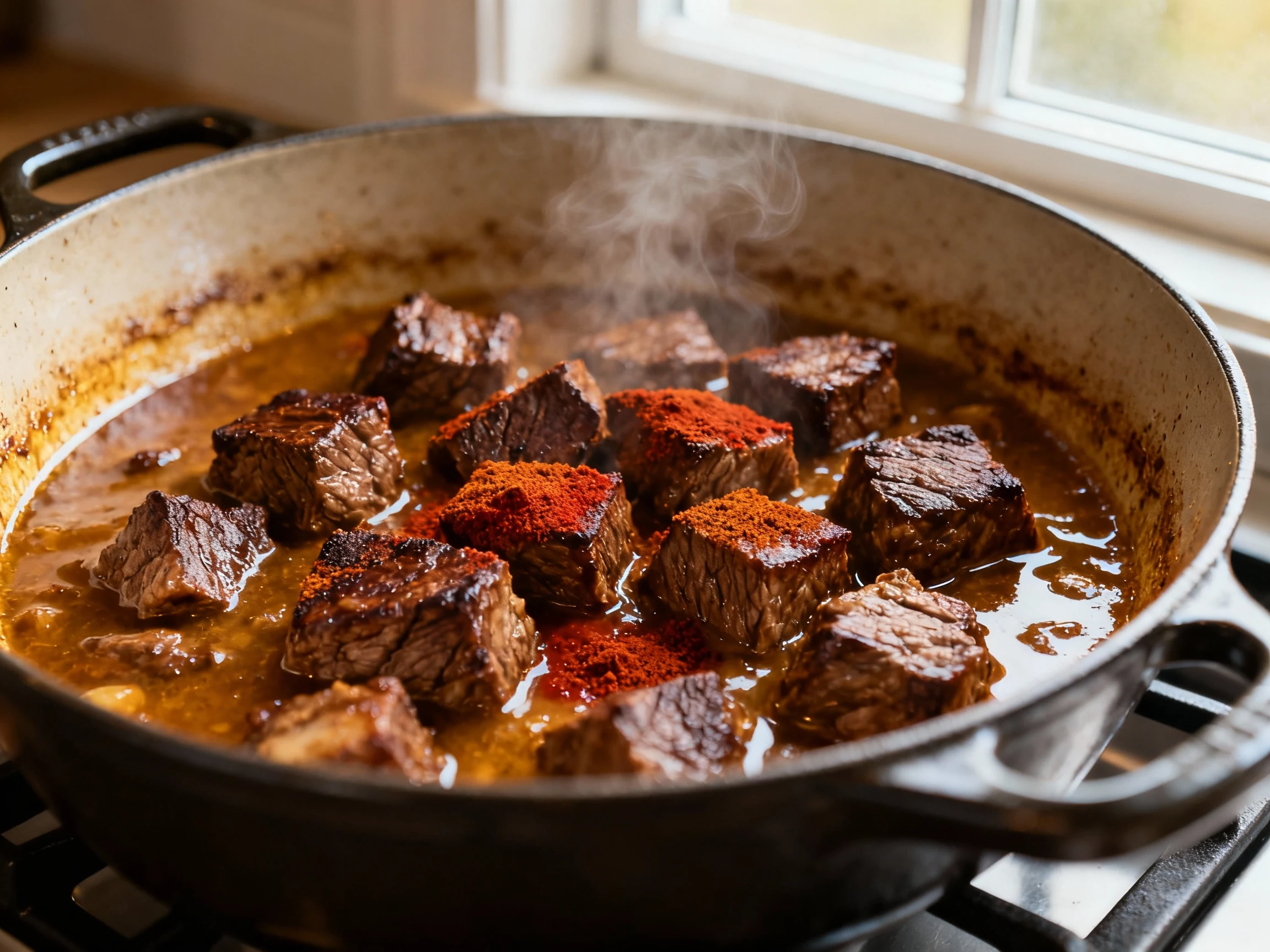 Food photography, Close-up of stovetop beef stew in a heavy Dutch oven: deeply browned 3/4-inch beef cubes with tomato p