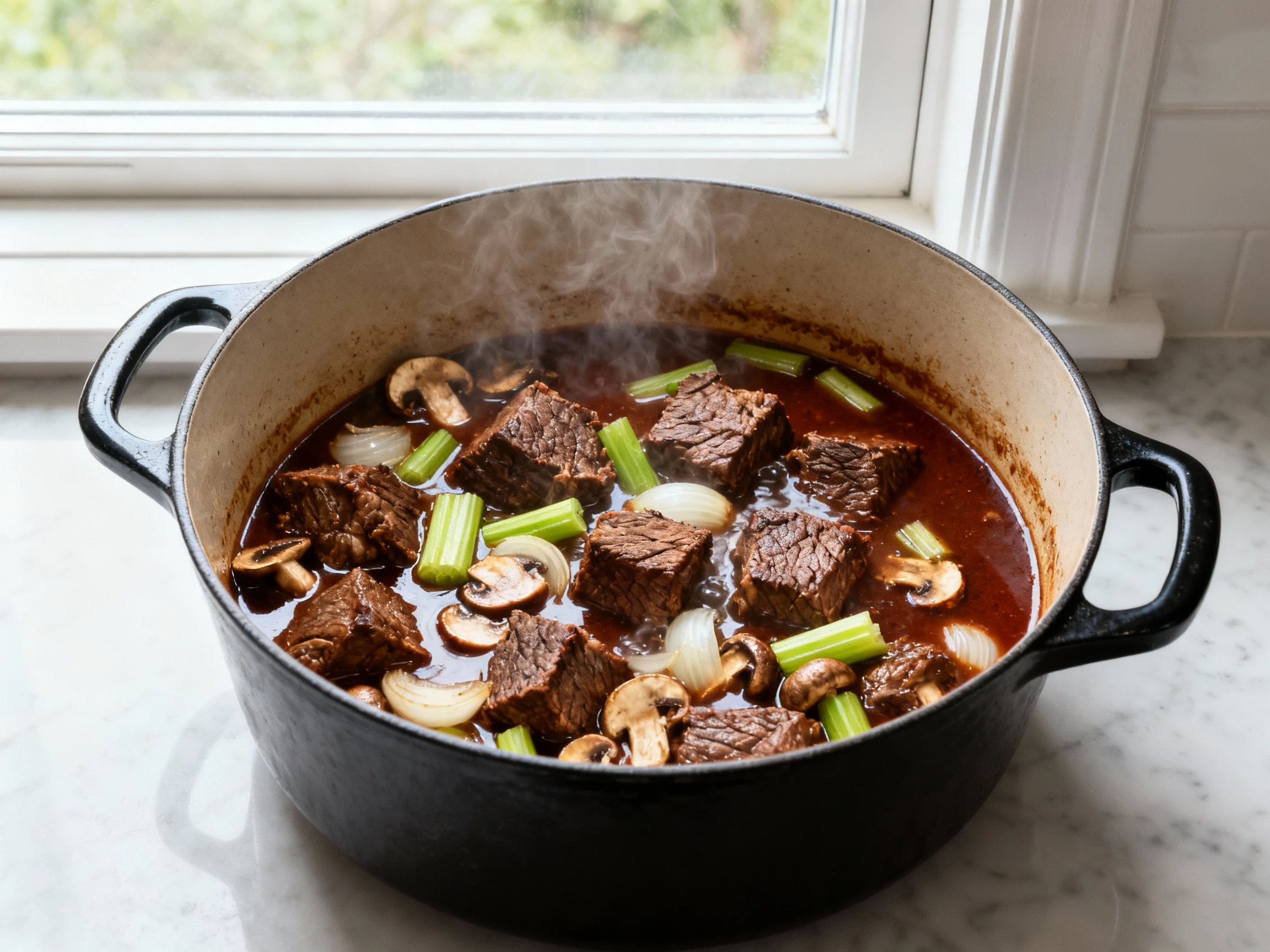 Food photography, Overhead cooking process shot of classic beef stew in a Dutch oven at a gentle simmer (lazy burble), d