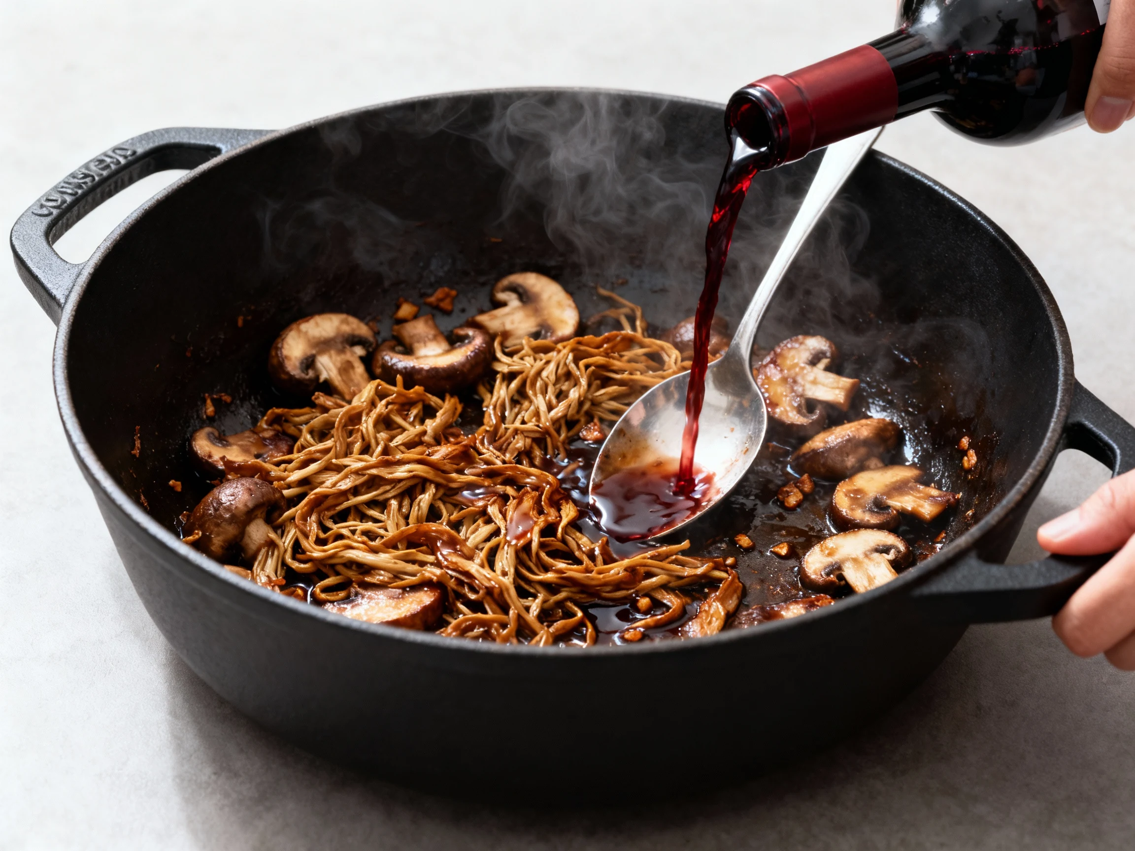 Food photography, 1. Close-up cooking process: deeply browned soy curls and cremini mushrooms in a matte black Dutch ove