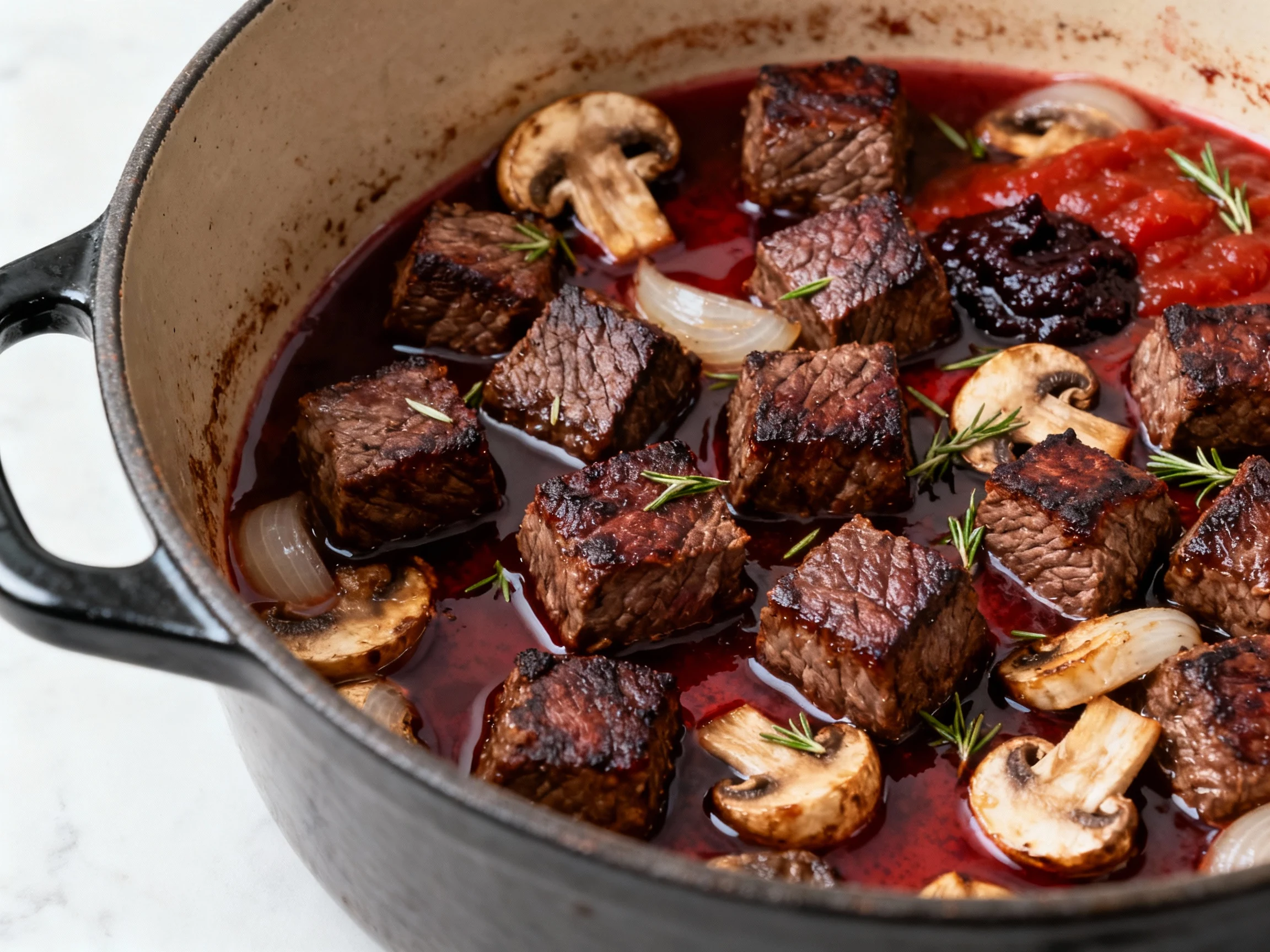 Food photography, 1. Close-up of seared beef tips in a Dutch oven: deep mahogany crust on 1-inch cubes, mushrooms and on