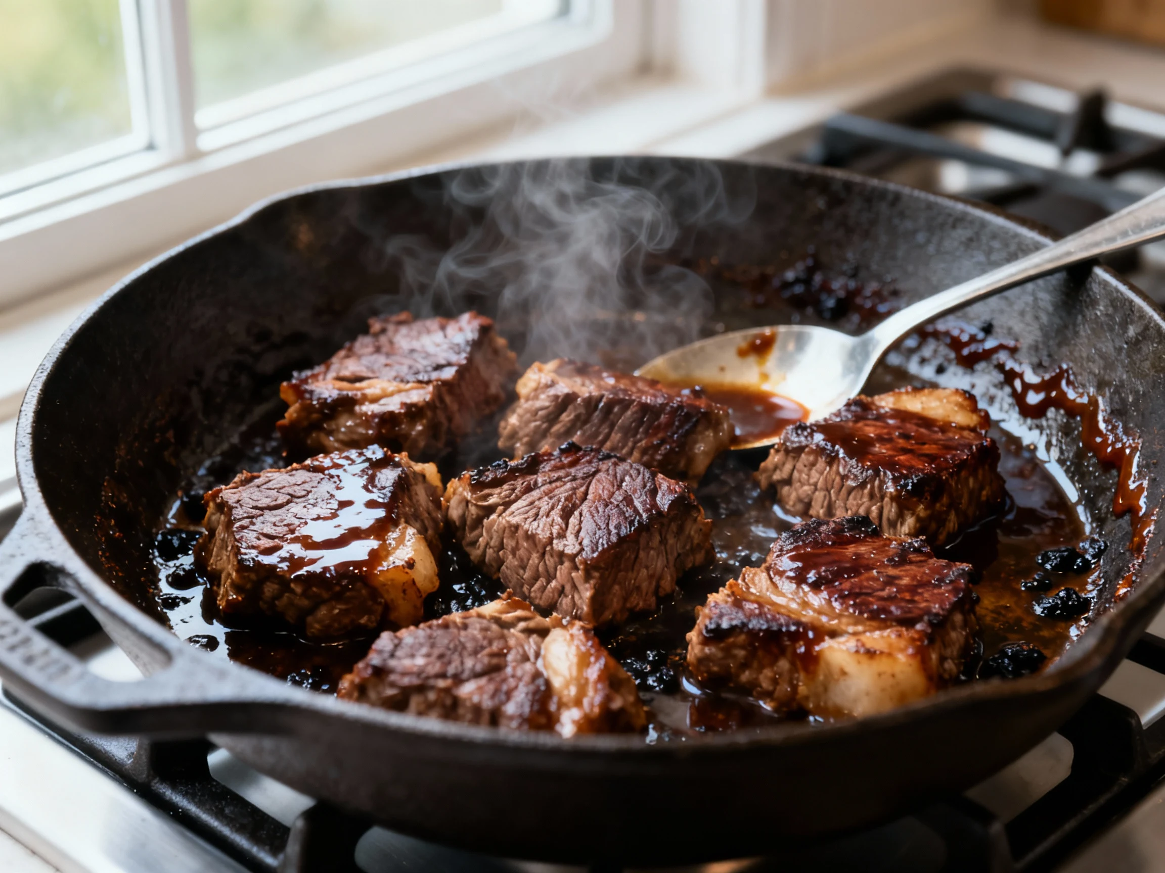 Food photography, Close-up of deeply browned beef stew meat sizzling in a cast-iron skillet, crisp mahogany crust with g