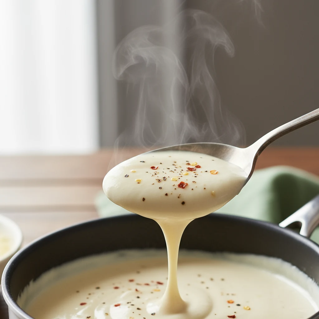 Food photography, Close-up of the glossy white béchamel for Spinach–Artichoke White Lasagna coating the back of a spoon 