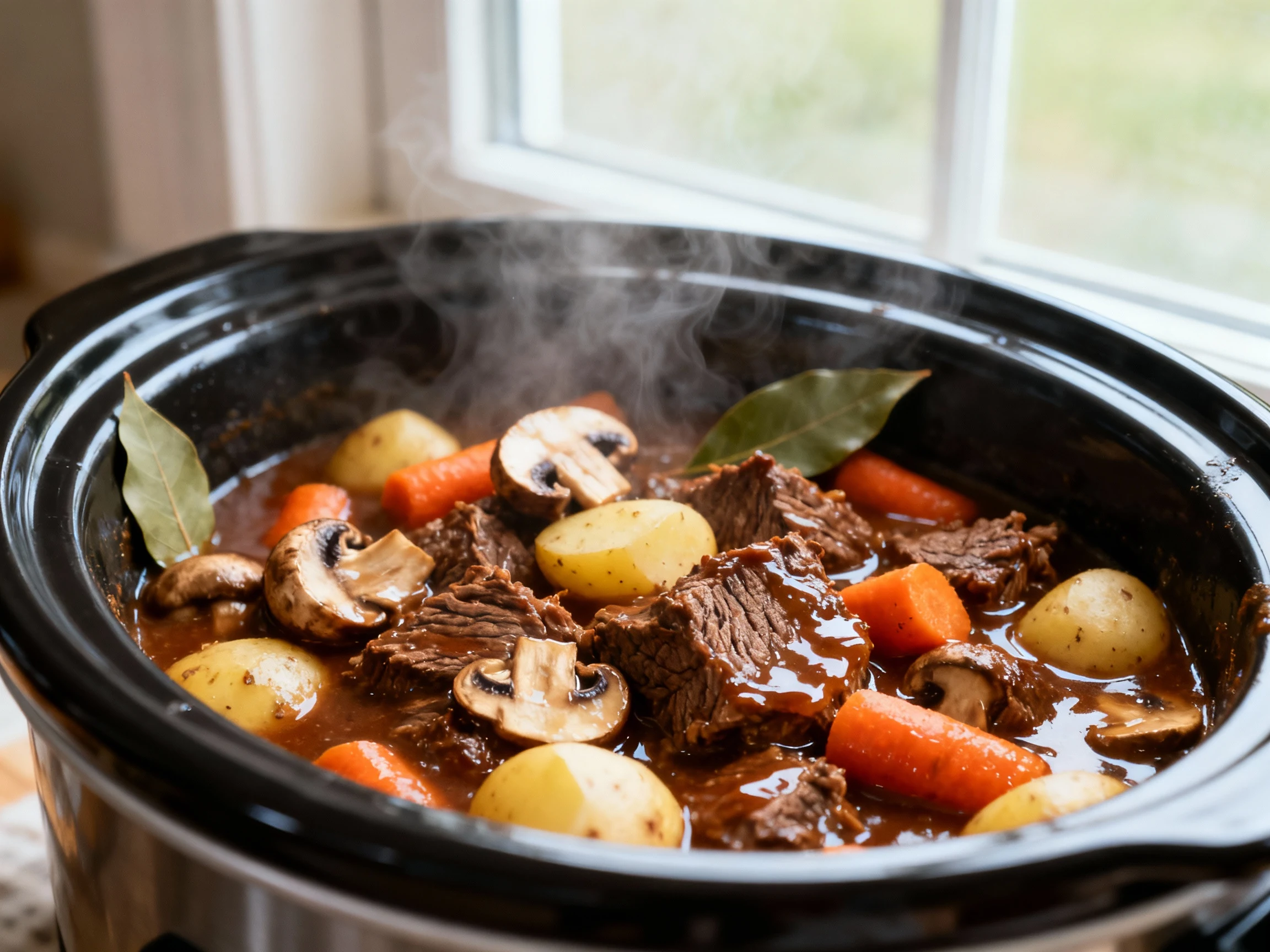 Food photography, Close-up of slow-cooker beef stew right after slurry thickening: fall-apart chuck in glossy mahogany g