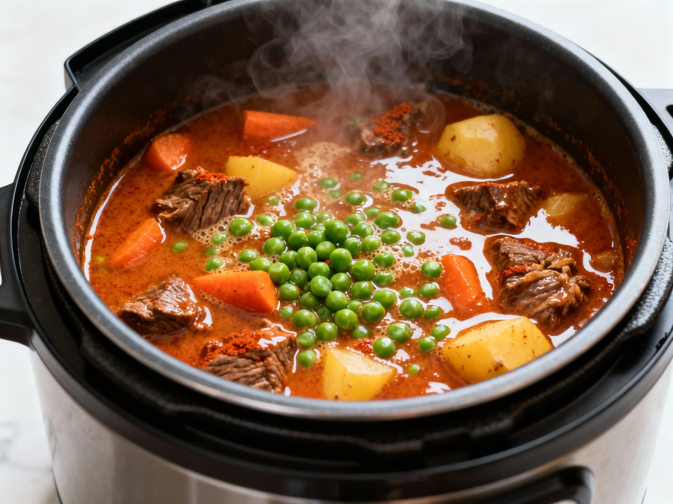 Food photography, Instant Pot stew finishing: peas stirred into bubbling, paprika‑tinged gravy as cornstarch slurry thic