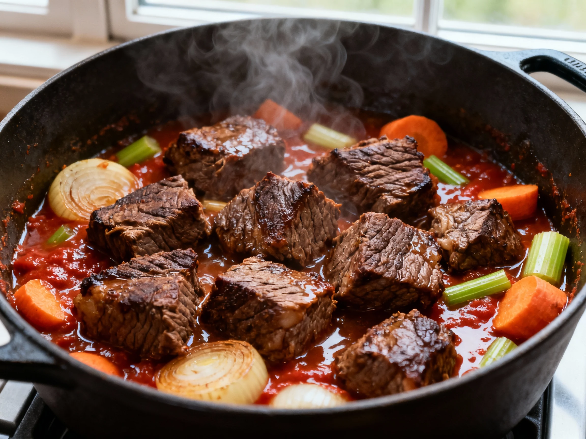 Food photography, Close-up of deeply browned beef chuck cubes in a Dutch oven, glossy fond coating tomato paste–tinted o