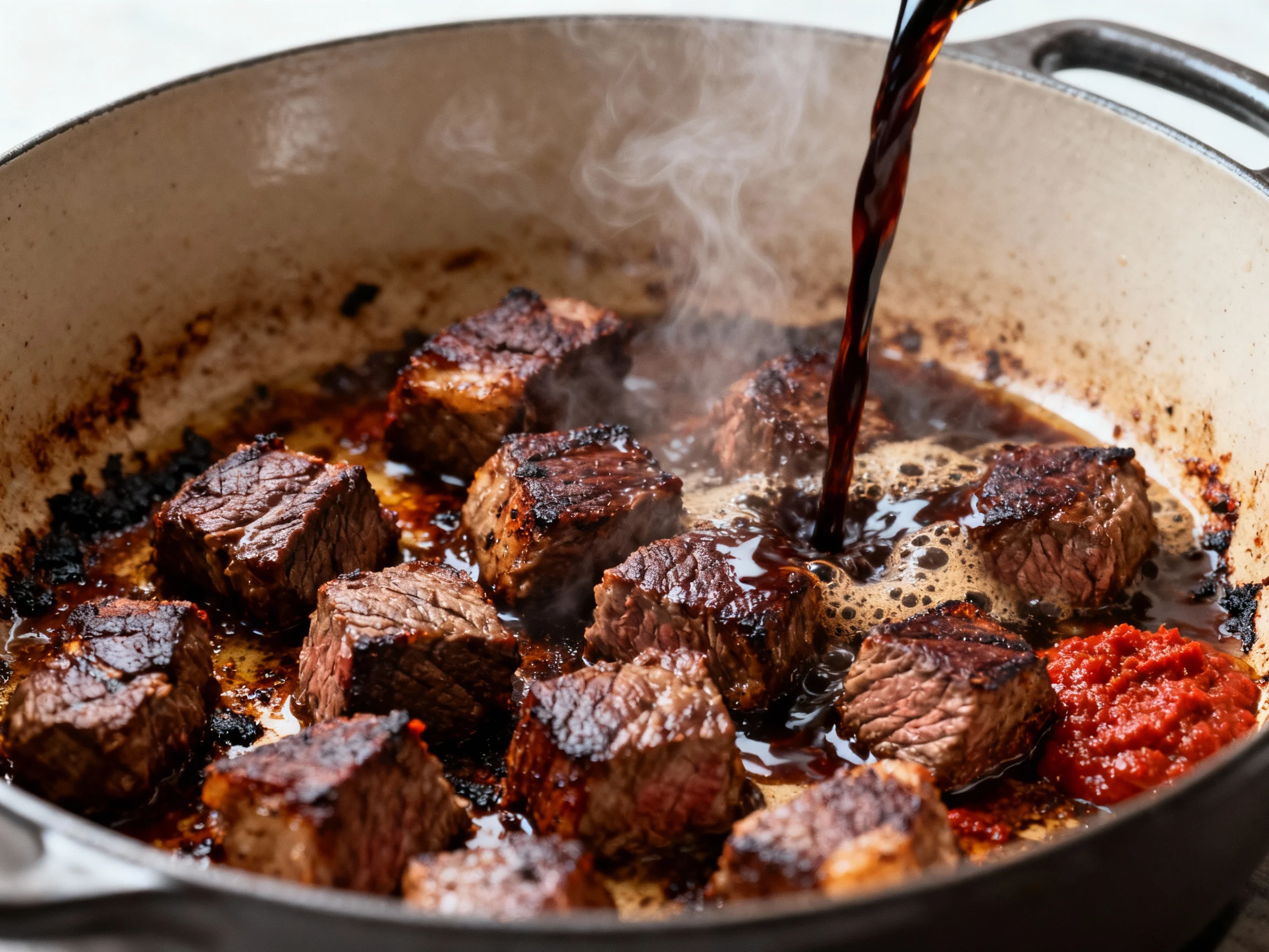 Food photography, Close-up of beef chuck cubes searing in a heavy Dutch oven—deep mahogany crust with smoky fond and tom
