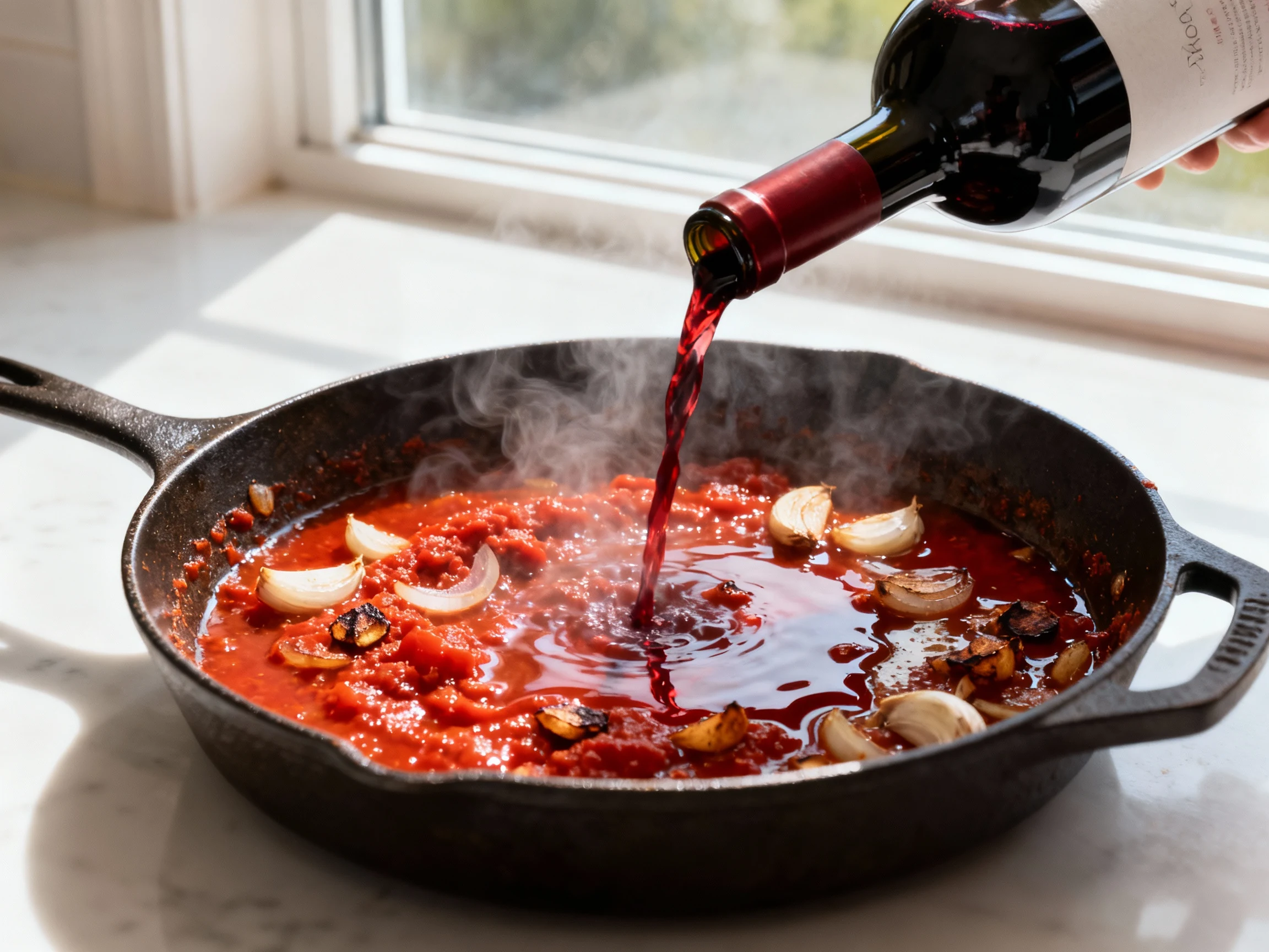 Food photography, Cooking process: skillet deglazing shot of caramelized tomato paste, onions, and garlic with dry red w