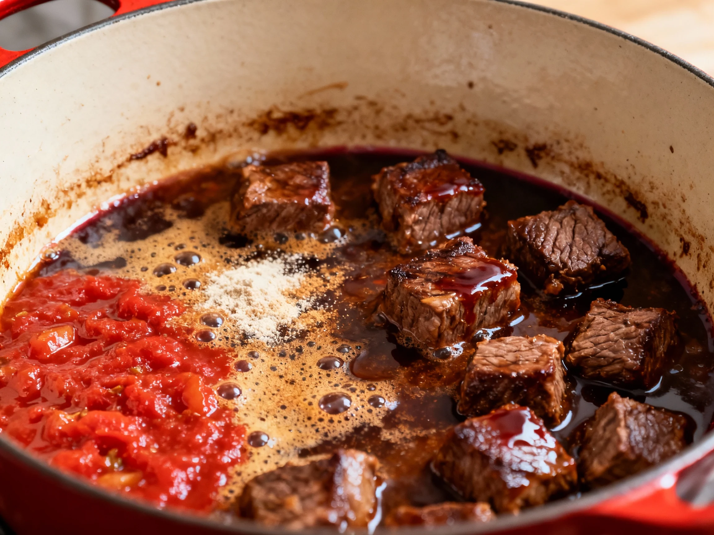 Food photography, Close-up inside a Dutch oven after deglazing: brick-red caramelized tomato paste and toasted flour emu