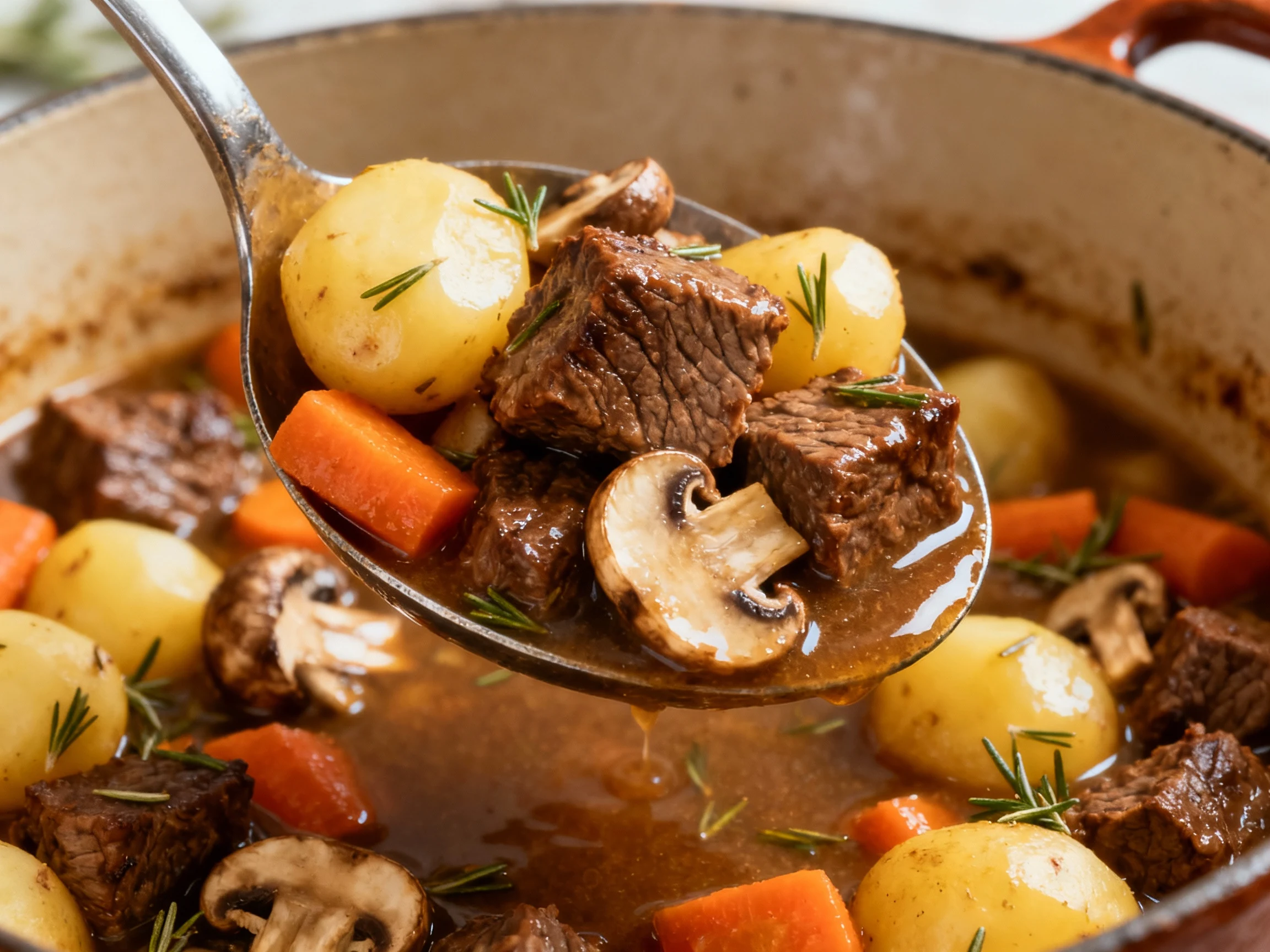 Food photography, 1. Close-up of a ladle lifting beef vegetable stew: deeply browned chuck cubes, silky Yukon Gold potat
